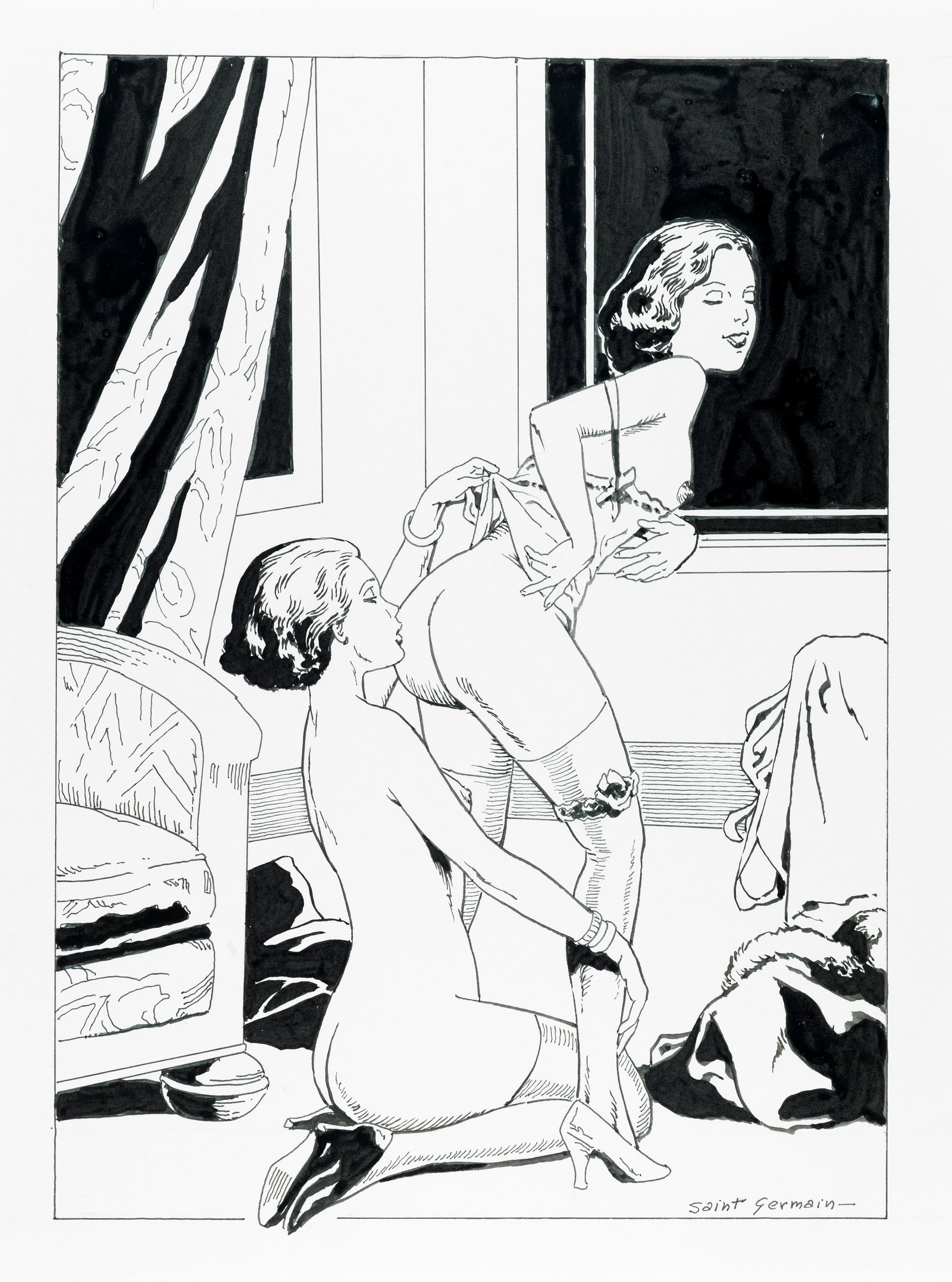 Saint Germain (Luciano Bernasconi) - "Amiche", anni 90: Saint Germain (Luciano Bernasconi) - "Amiche", anni 90 ITA matita e china su cartoncino, 29 x 39 cm Firmato.________________________________________________________________ENG pencil and ink