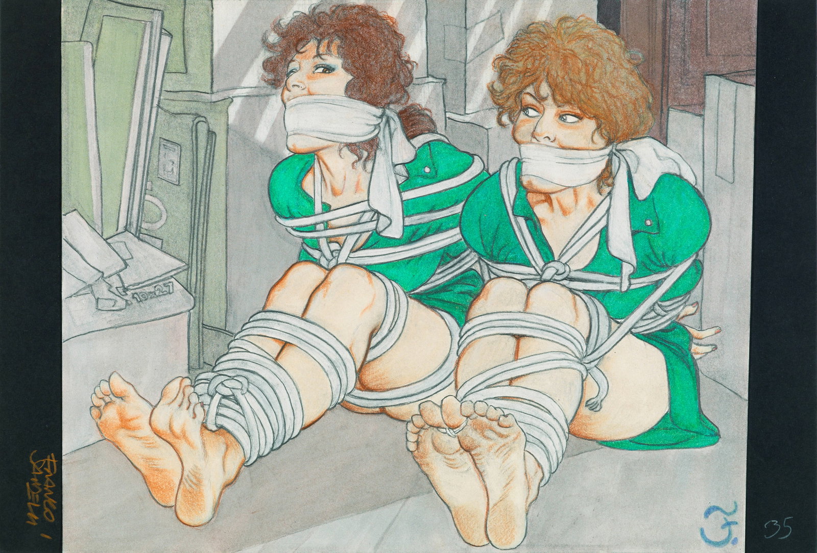 Saudelli Franco - "Bondage", 1990: Saudelli Franco - "Bondage", 1990 ITA tecnica mista su cartoncino, 32,5 x 22 cm Illustrazione originale realizzata da Saudelli, edita sulla rivista Bondage Photo Treasures n. 29 nel 1990. Fir