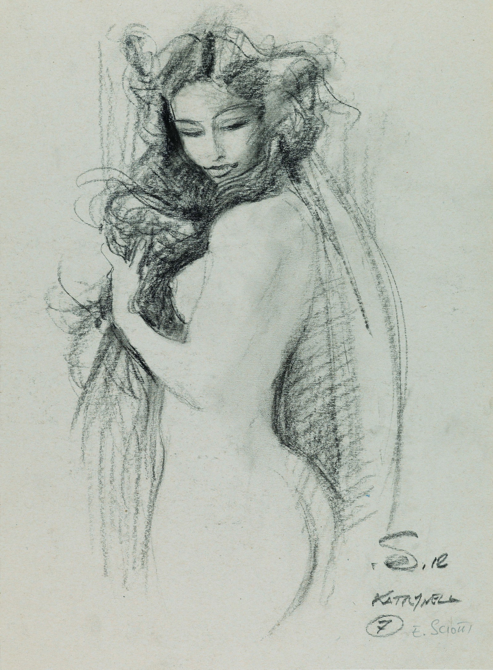 Sciotti Enzo - "Nudo", anni 80: Sciotti Enzo - "Nudo", anni 80 ITA carboncino su cartoncino, 47 x 34,5 cm Firmato.________________________________________________________________ENG charcoal on thin cardboard. Signed.