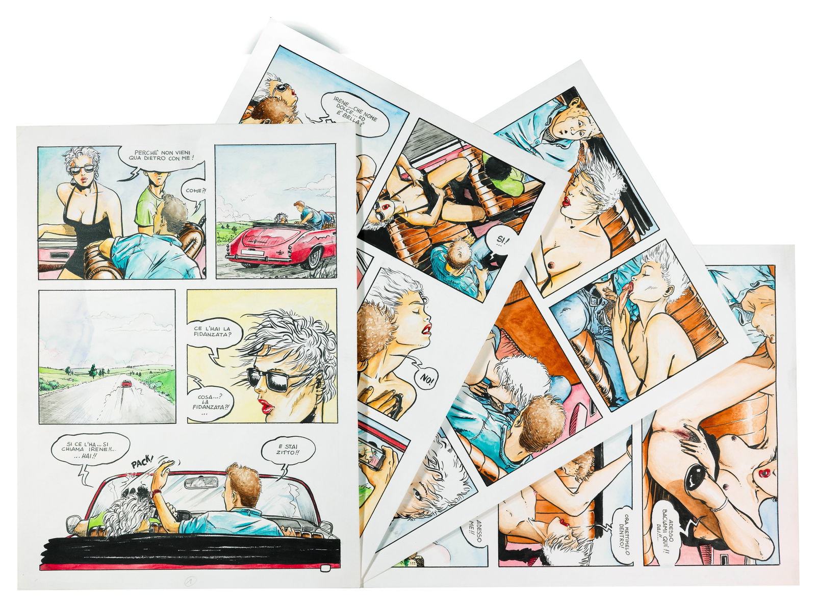 Tarlazzi Luca - "Car Sex", anni 90: Tarlazzi Luca - "Car Sex", anni 90 ITA tecnica mista su cartoncino, 33 x 45 cm ciascuno Storia completa composta da 4 tavole originali realizzate da Tarlazzi per l‘editore Trentini negl