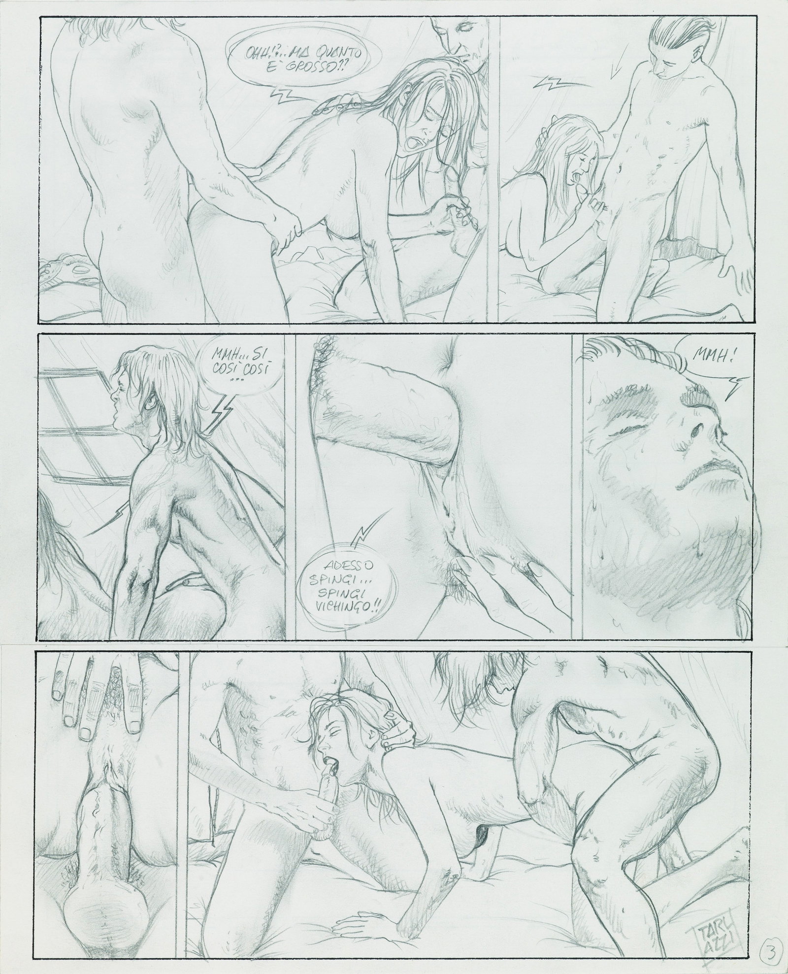 Tarlazzi Luca - "Beach Party", anni 80: Tarlazzi Luca - "Beach Party", anni 80 ITA matita su carta, 25 x 30,5 cm Tavola preliminare realizzata da Tarlazzi per una delle sue celebri avventure erotiche edita a pag. 3 sulla rivista Se