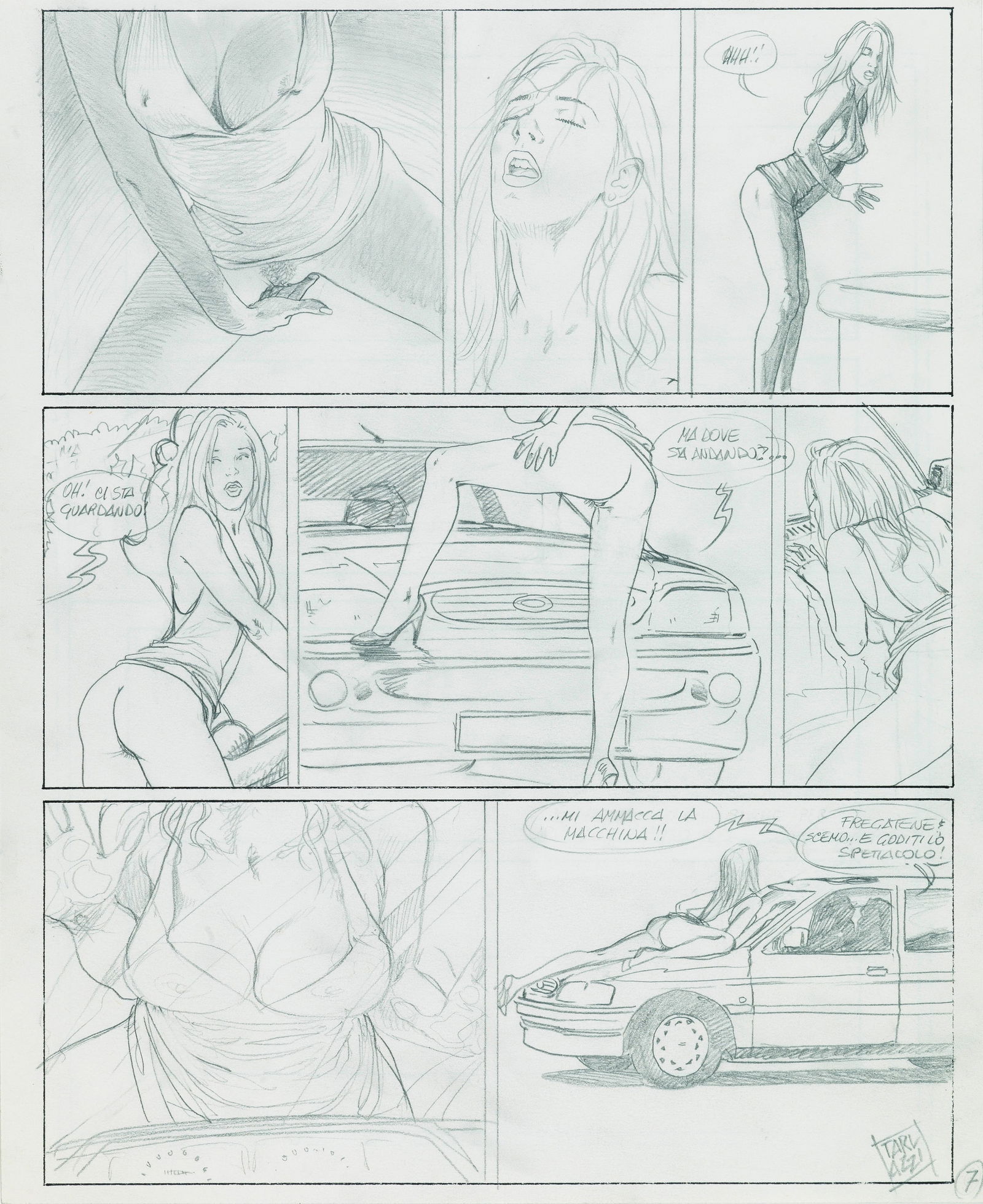 Tarlazzi Luca - "Car party", anni 80: Tarlazzi Luca - "Car party", anni 80 ITA matita su carta, 25 x 30,5 cm Tavola preliminare realizzata da Tarlazzi per una delle sue celebri avventure erotiche edita a pag. 7 sulla rivista Sele