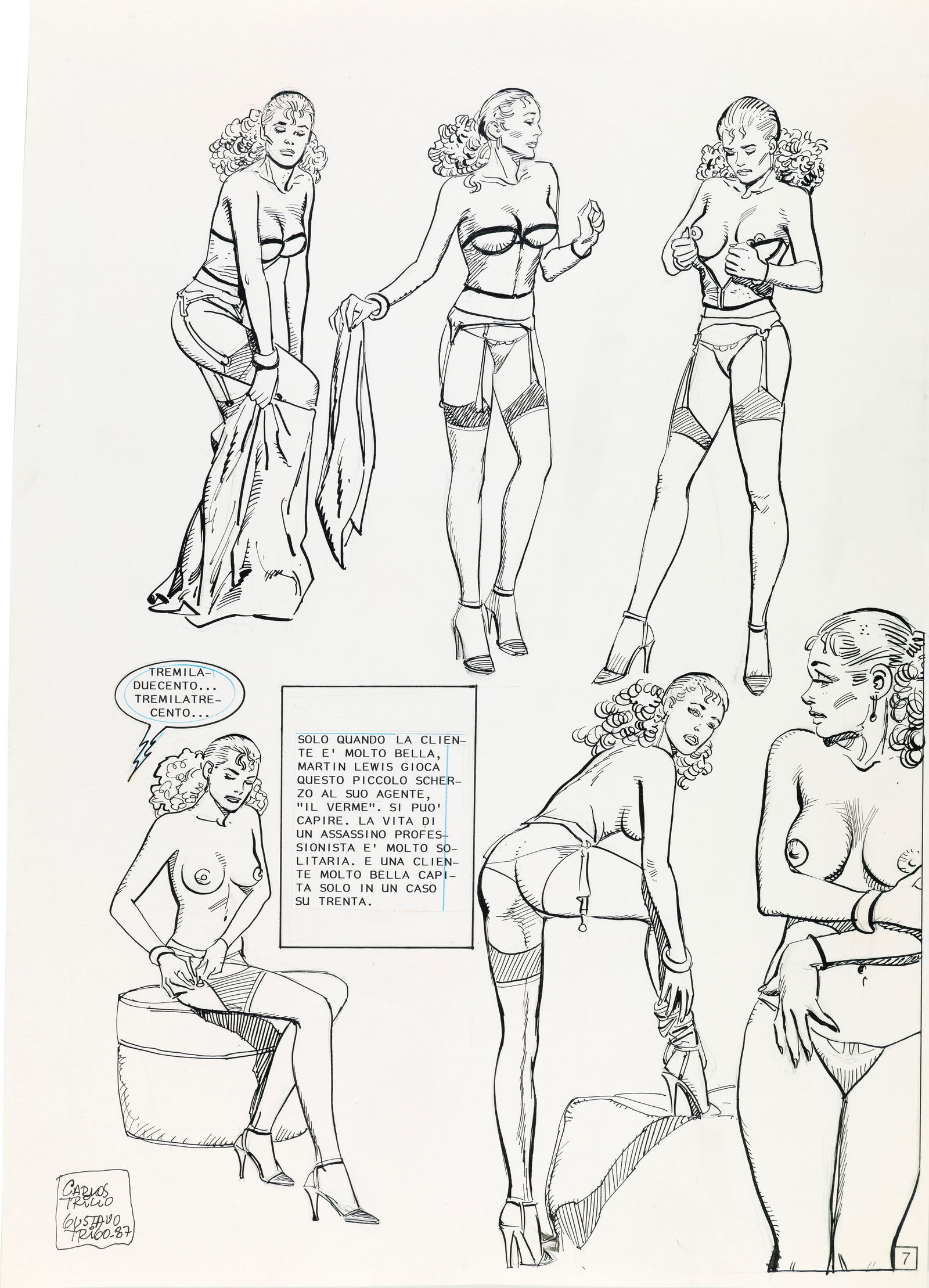 Trigo Gustavo - "Spogliarello", 1987: Trigo Gustavo - "Spogliarello", 1987 ITA matita e china su cartoncino, 29 x 40,5 cm Tavola originale realizzata da Trigo per un‘avventura edita su Skorpio negli anni ‘80. Firmata