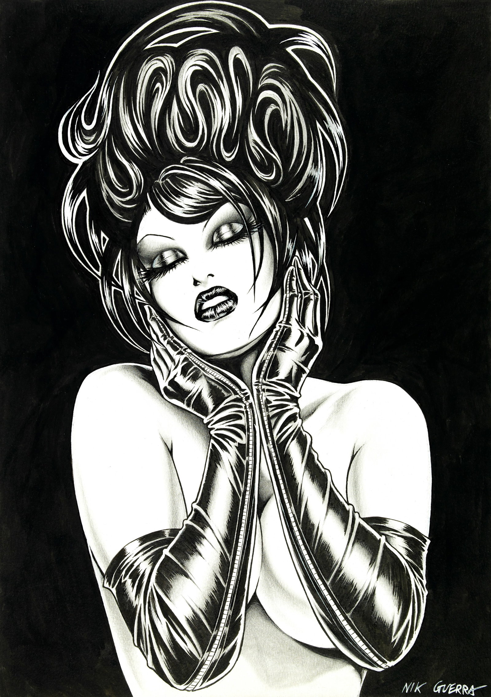 Guerra Nik - "Magenta - Gloves", 2010: Guerra Nik - "Magenta - Gloves", 2010 ITA tecnica mista su cartoncino, 30 x 42 cm Illustrazione originale realizzata da Guerra nel 2010. Opera pubblicata nel portfolio "La femme en noir