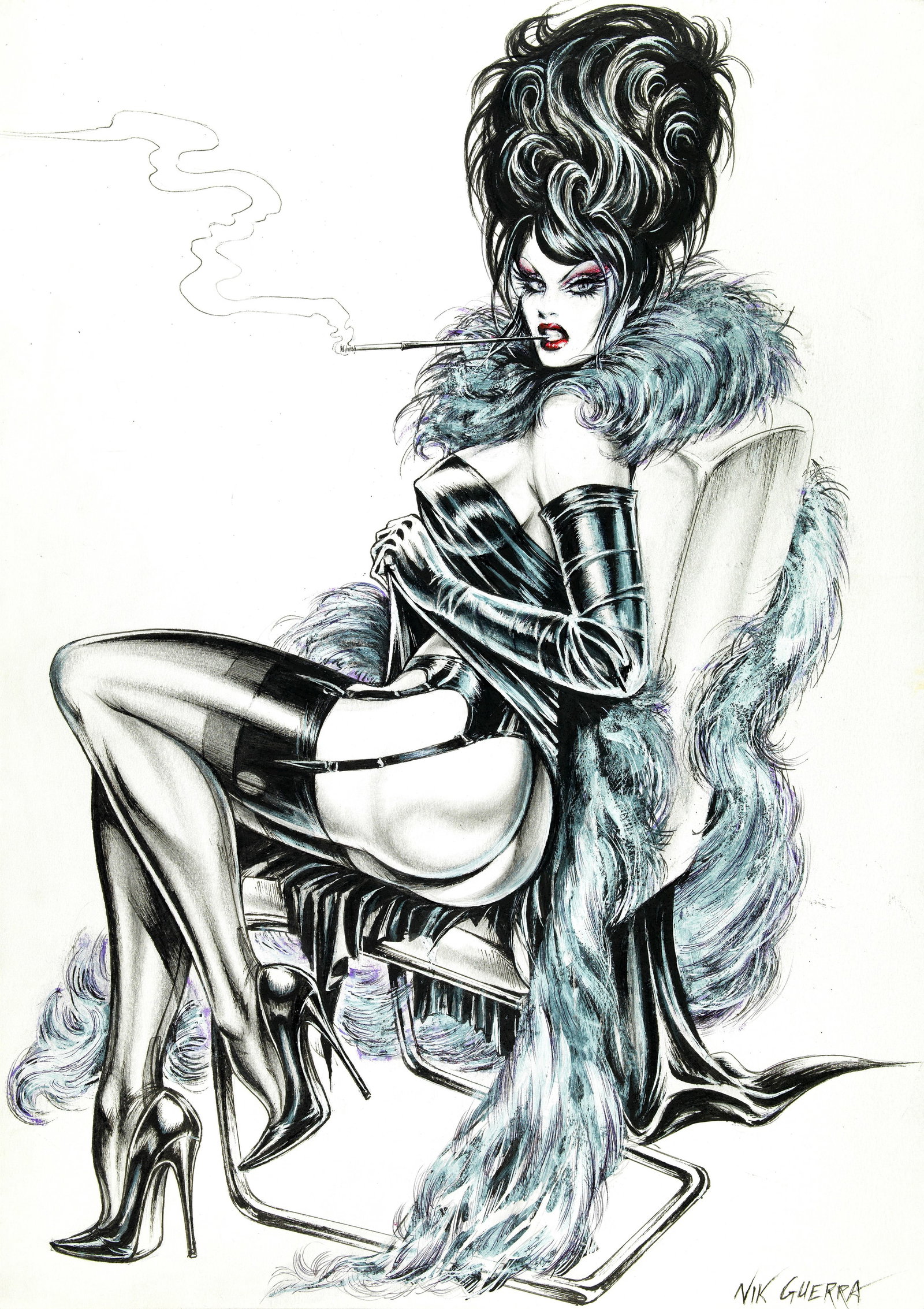 Guerra Nik - "Magenta - In Furs", 2018: Guerra Nik - "Magenta - In Furs", 2018 ITA tecnica mista su cartoncino, 30 x 42 cm Illustrazione originale realizzata da Guerra nel 2018. Opera pubblicata nel portfolio "130 Pin-Ups"