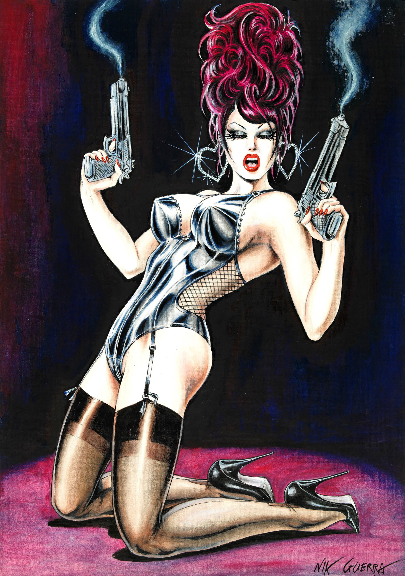 Guerra Nik - "Magenta with Two Guns", 2023: Guerra Nik - "Magenta with Two Guns", 2023 ITA tecnica mista su cartoncino, 30 x 42 cm Illustrazione originale realizzata da Guerra nel 2023. Firmata al fronte e firmata, datata e titolata al
