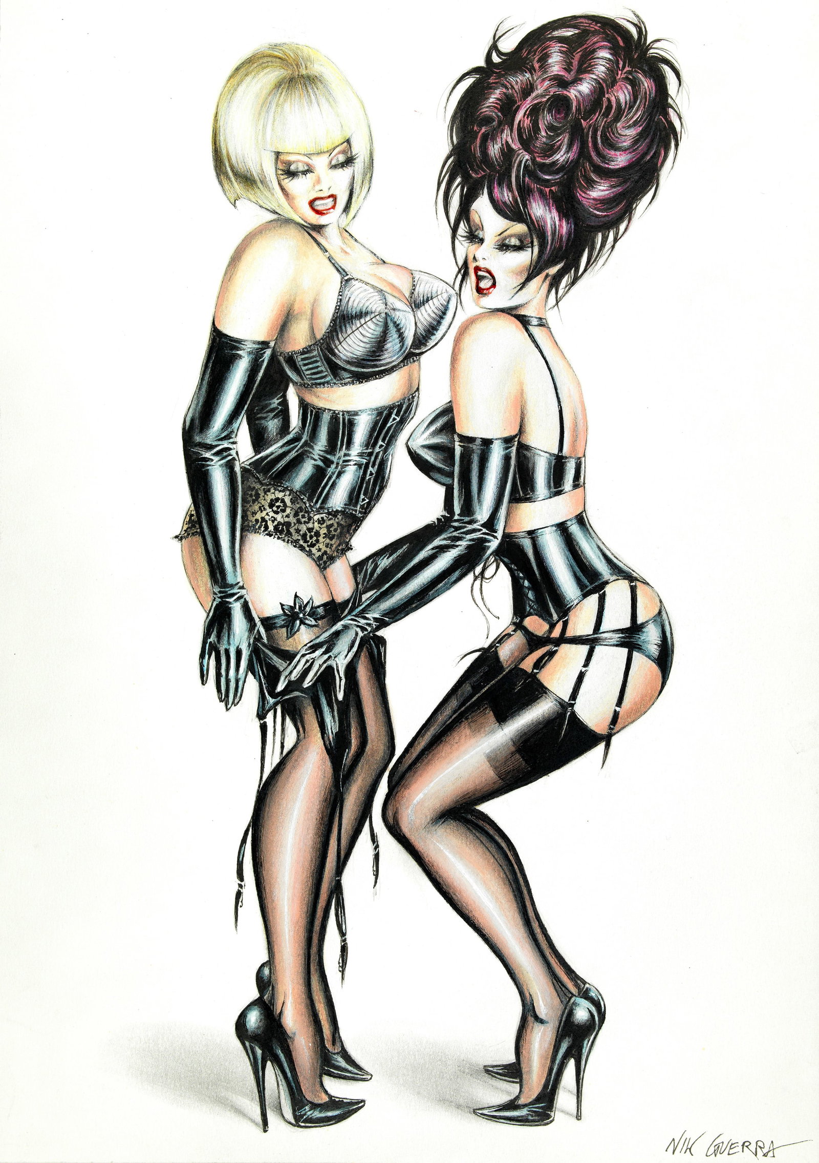 Guerra Nik - "Lucrezia & Magenta - Il Duo", 2018: Guerra Nik - "Lucrezia & Magenta - Il Duo", 2018 ITA tecnica mista su cartoncino, 30 x 42 cm Illustrazione originale realizzata da Guerra nel 2018. Opera pubblicata nel portfolio "130