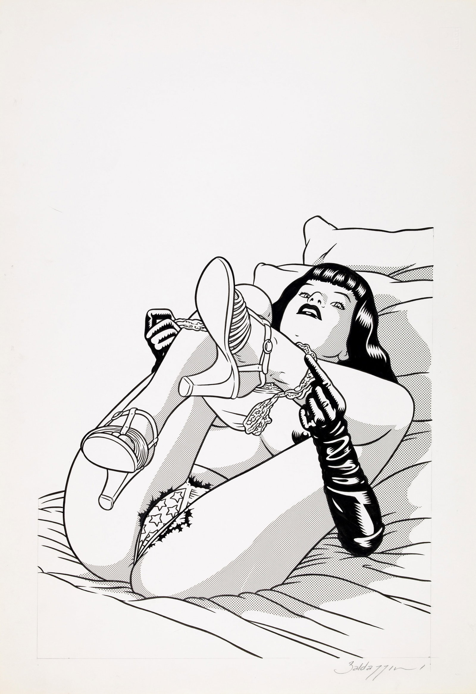 Baldazzini Roberto - "Betty Page", 1998: Baldazzini Roberto - "Betty Page", 1998 ITA matita, china e retino su cartoncino, 33 x 48 cm Illustrazione originale realizzata da Baldazzini nel 1998. Firmata. _______________________________
