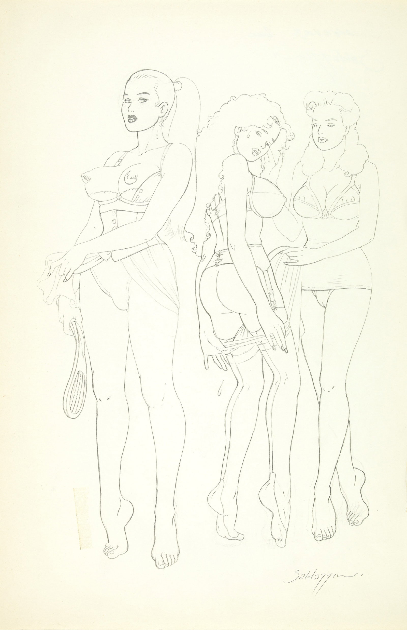 Baldazzini Roberto - "L‘educazione di Angela", 2000: Baldazzini Roberto - "L‘educazione di Angela", 2000 ITA matita su cartoncino, 31,5 x 48 cm Disegno preliminare realizzato da Baldazzini per la saga erotica "L‘educazione di