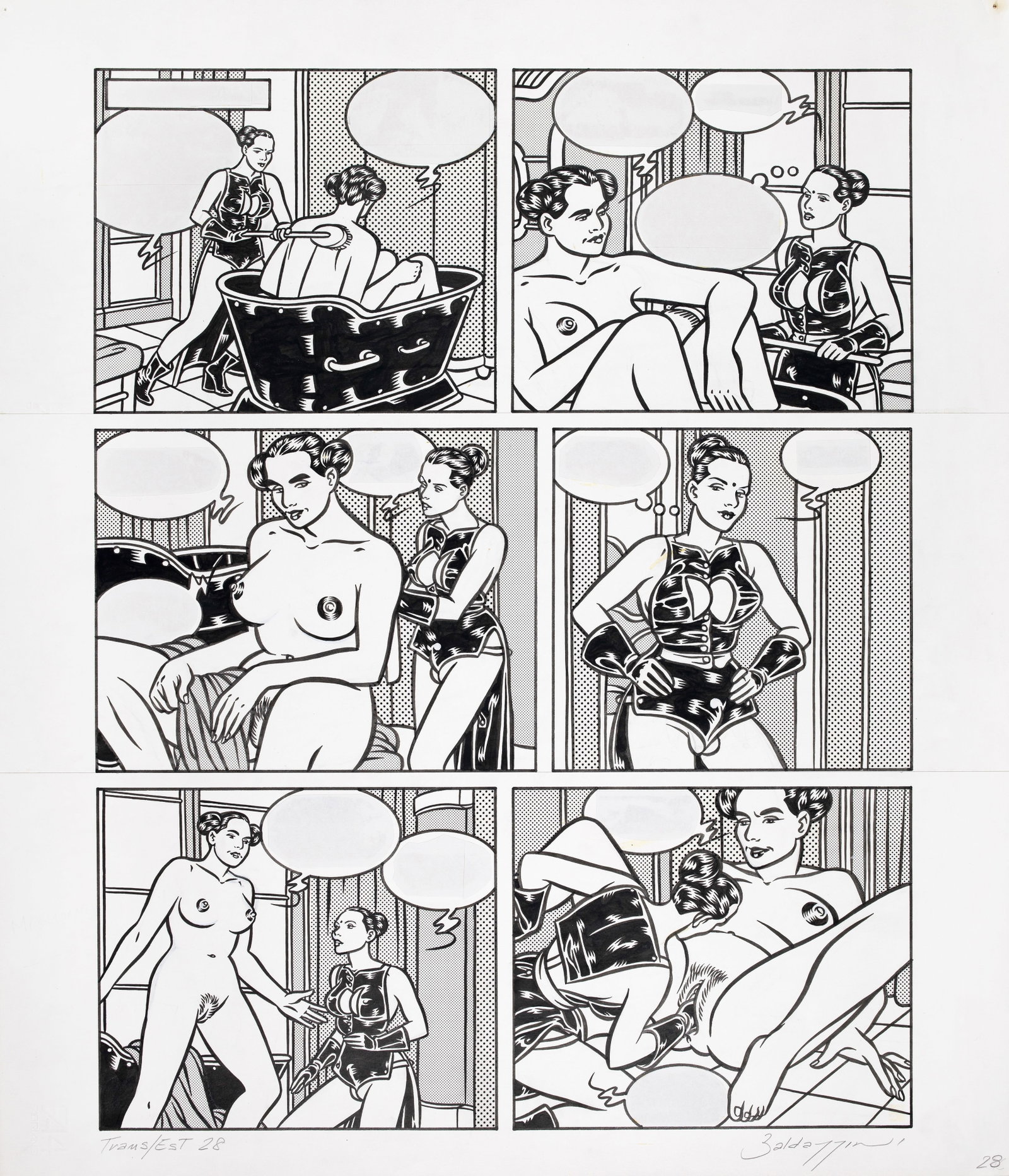 Baldazzini Roberto - "Trans-Est", 1994: Baldazzini Roberto - "Trans-Est", 1994 ITA matita, china e retino su cartoncino, 50 x 58 cm Tavola originale realizzata da Baldazzini per "Trans-Est", edita a pag. 28 dallaPhoenix Ente