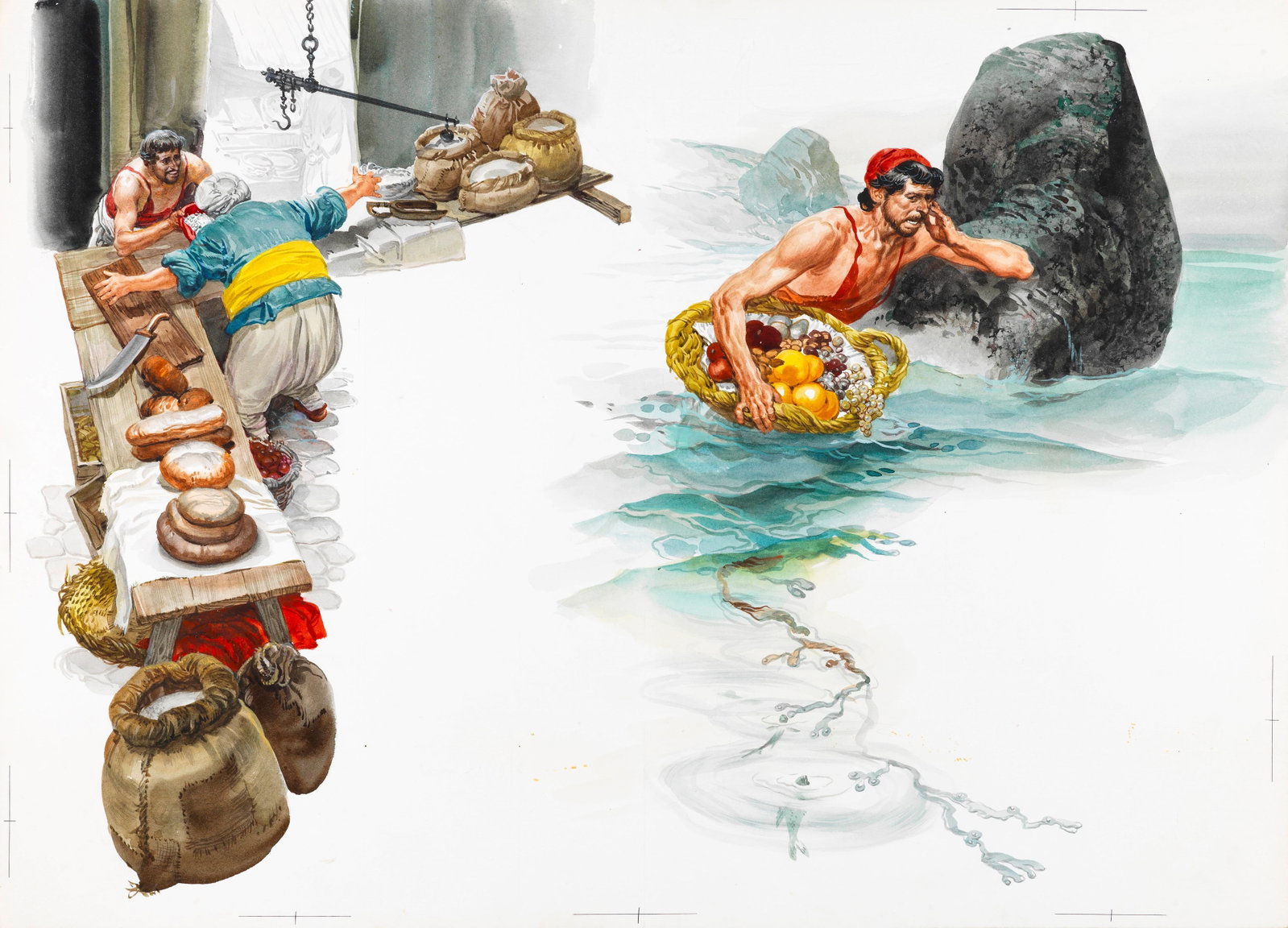 Ferri (Rino Ferrari) - Abdallah of land and Abdallah of sea, 1966: tempera on cardboard 51 x 36,5 cm Original illustration made by Ferri for the fairy tale "Abdallah of Land and Abdallah of Sea" published in 1966.