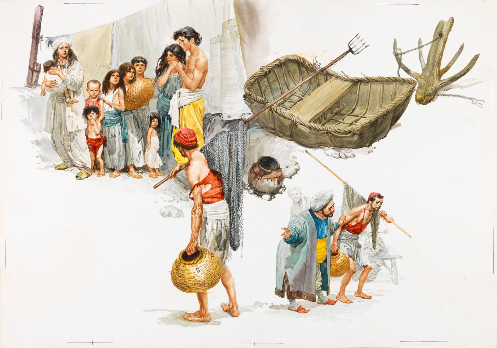 Ferri (Rino Ferrari) - Abdallah of land and Abdallah of sea, 1966: tempera on cardboard 51 x 36 cm Original illustration made by Ferri for the fairy tale "Abdallah of Land and Abdallah of Sea" published in 1966.