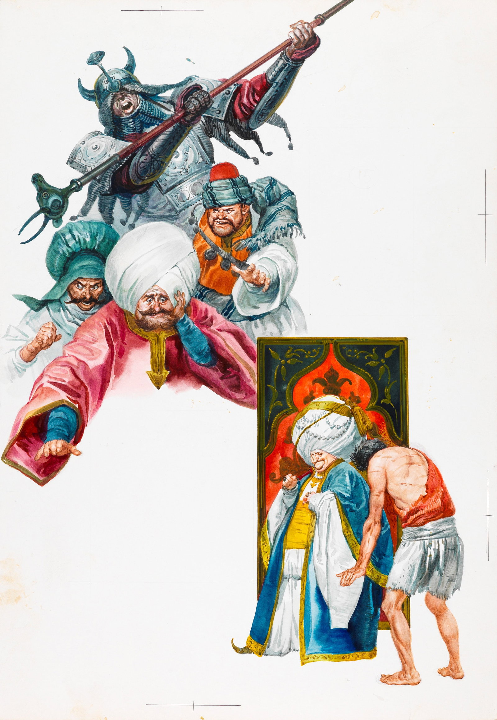 Ferri (Rino Ferrari) - Abdallah of land and Abdallah of sea, 1966: tempera on cardboard 25,5 x 36,5 cm Original illustration made by Ferri for the fairy tale "Abdallah of Land and Abdallah of Sea" published in 1966.