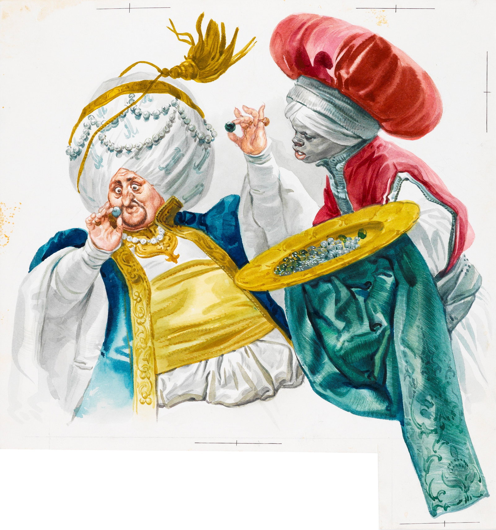 Ferri (Rino Ferrari) - Abdallah of land and Abdallah of sea, 1966: tempera on shaped cardboard 23,5 x 25 cm Original illustration made by Ferri for the fairy tale "Abdallah of Land and Abdallah of Sea" published in 1966.