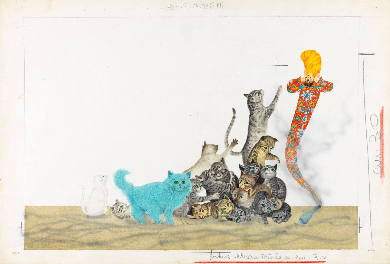 Federico Santin - Ali-Ba-Chat and the 40 Kittens, 1966: tempera on cardboard 54 x 36,5 cm Original illustration made by Santin for the fairy tale "Ali-Ba-Chat and the 40 Kittens" published in 1966.