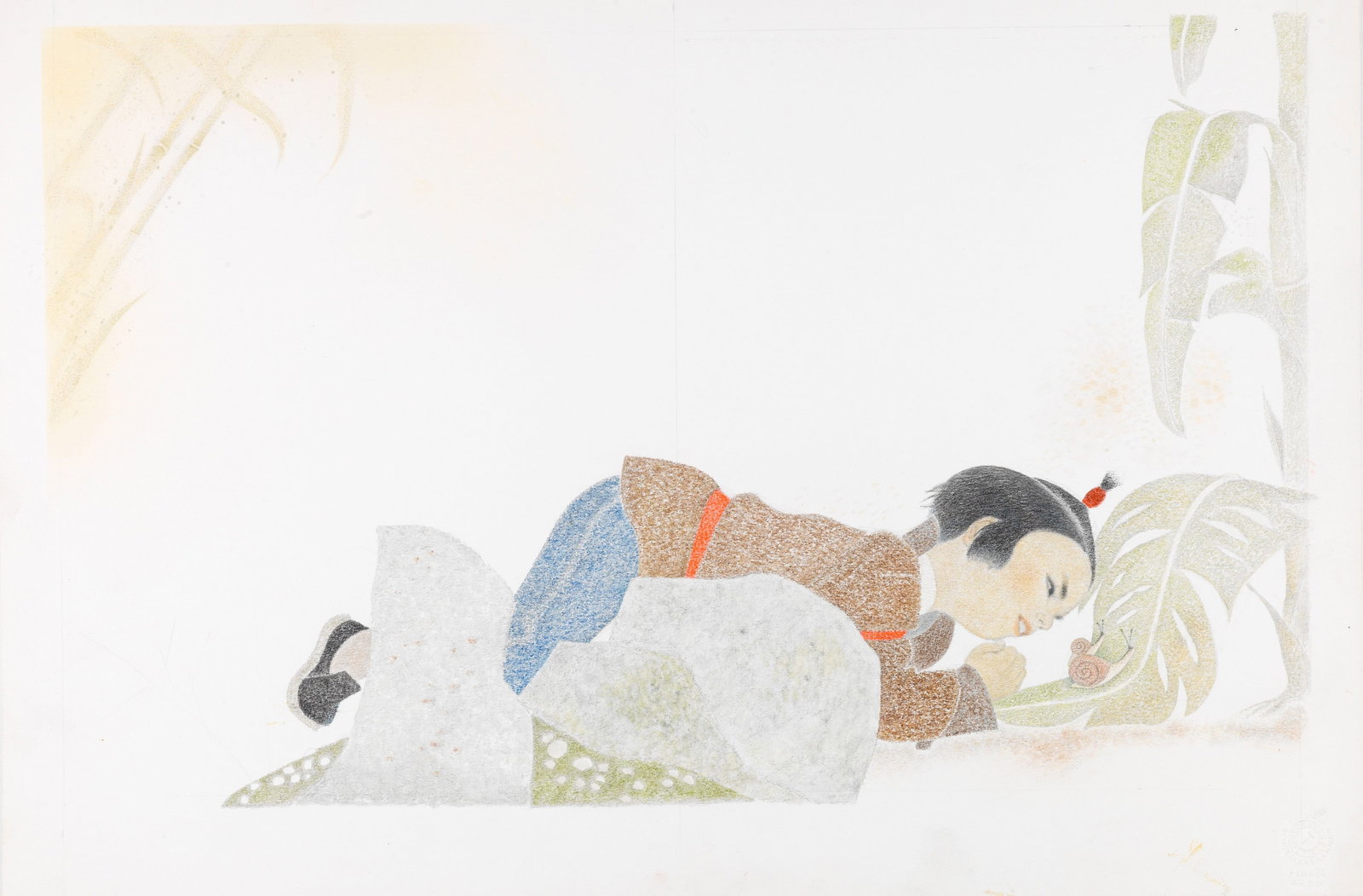 Ugo Fontana - Aladdin and the Wonderful Lamp, 1982: pastels, watercolor and tempera on cardboard 51 x 34 cm Original illustration made by Fontana for the fairy tale "Aladdin and the Wonderful Lamp" published in 1982.