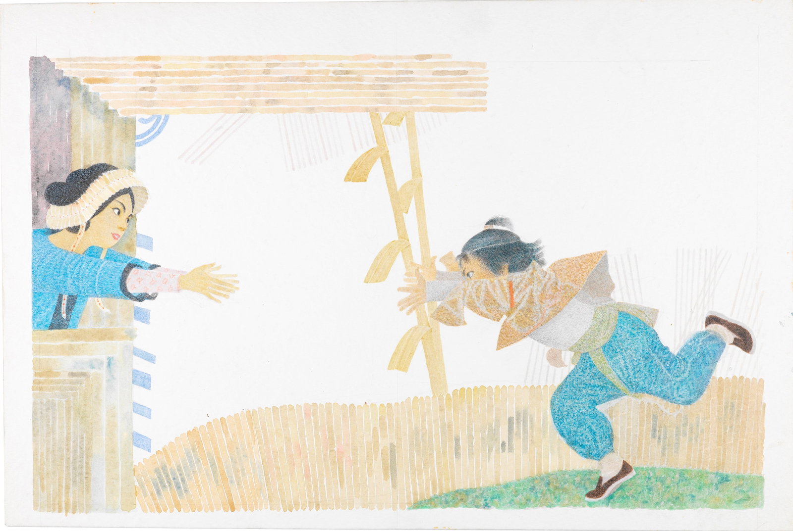 Ugo Fontana - Aladdin and the Wonderful Lamp, 1982: pastels, watercolor and tempera on cardboard 51 x 34 cm Original illustration made by Fontana for the fairy tale "Aladdin and the Wonderful Lamp" published in 1982.