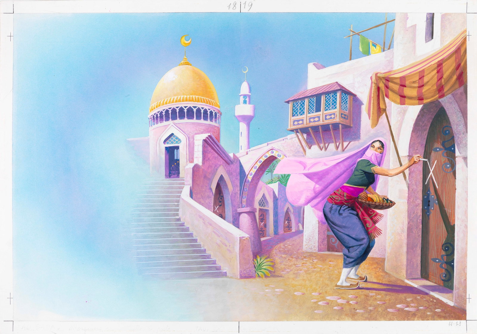 Severino Baraldi - Ali Baba and the 40 Thieves: tempera on thin cardboard 55 x 38 cm Original illustration made by Baraldi for the fairy tale "Ali Baba and the 40 Thieves" published in the 1980s.