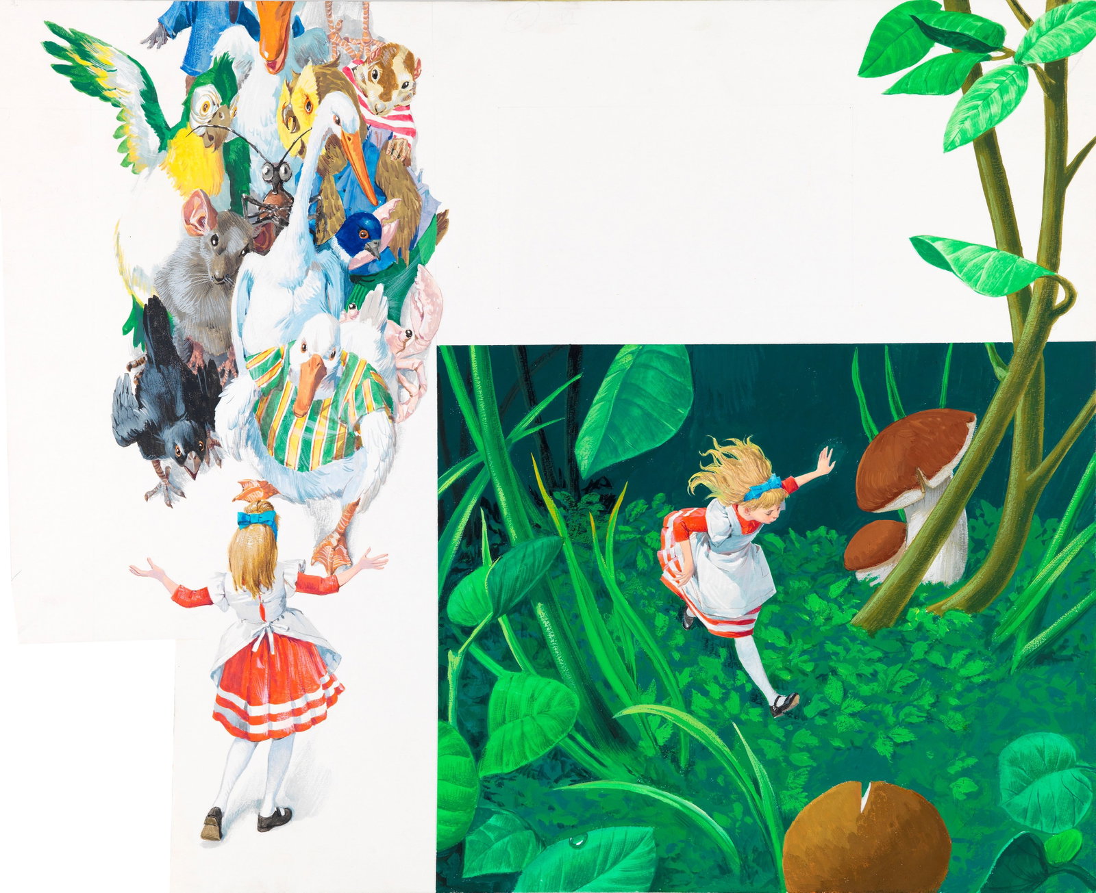 Libico Maraja - Alice in Wonderland, 1968: tempera on shaped cardboard 44,5 x 36,5 cm Original illustration made by Maraja for the novel "Alice in Wonderland" by Lewis Carroll, published in 1968.