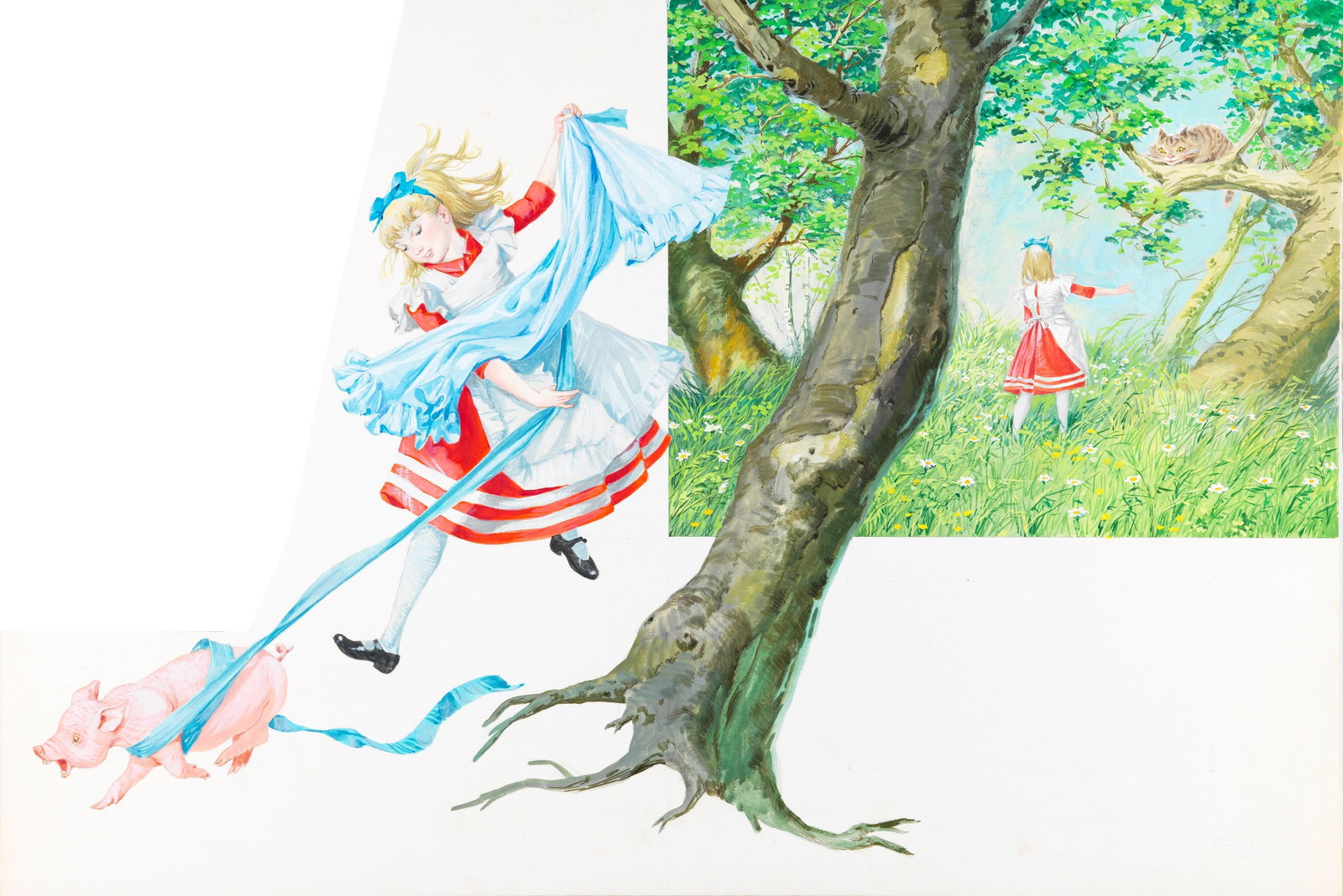 Libico Maraja - Alice in Wonderland, 1968: tempera on shaped cardboard 54 x 36,5 cm Original illustration made by Maraja for the novel "Alice in Wonderland" by Lewis Carroll, published in 1968.