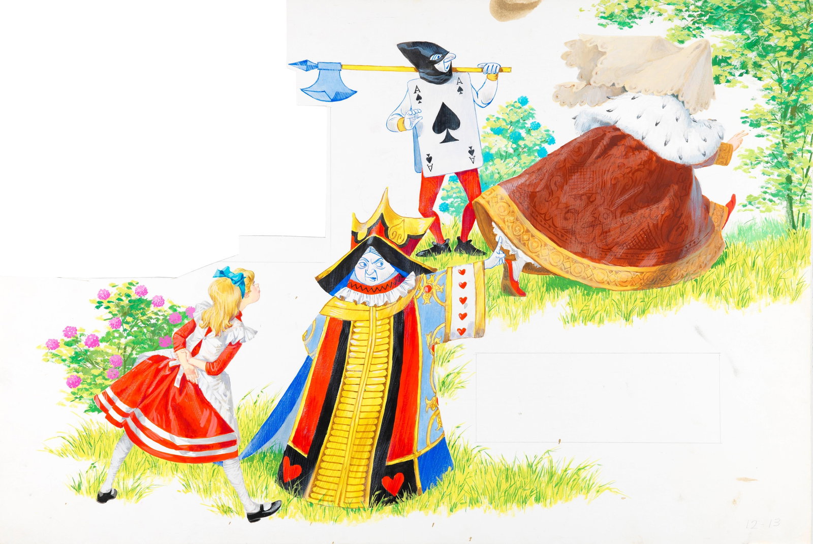 Libico Maraja - Alice in Wonderland, 1968: tempera on shaped cardboard 54 x 36,5 cm Original illustration made by Maraja for the novel "Alice in Wonderland" by Lewis Carroll, published in 1968.