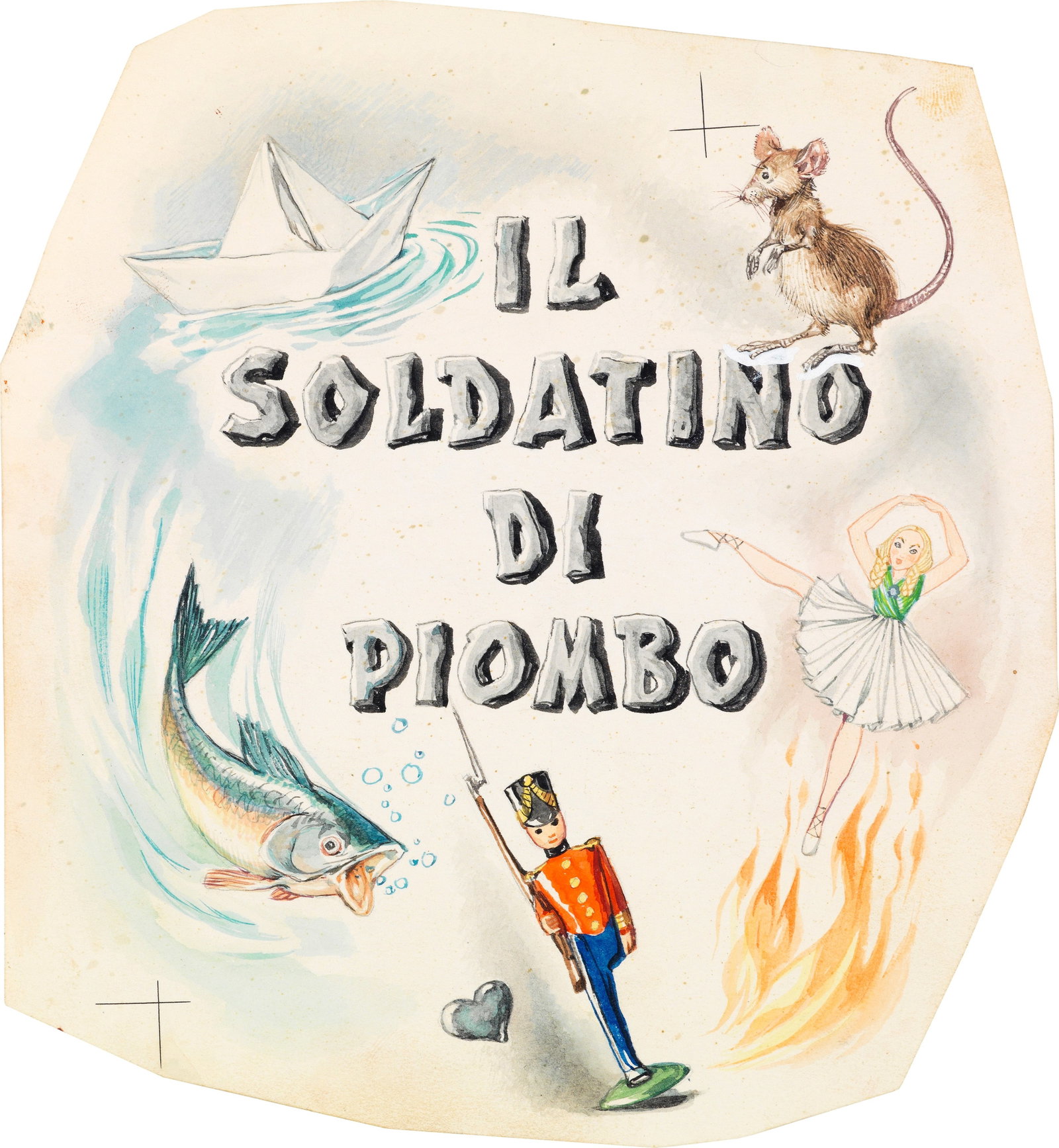Libico Maraja - Andersen's Fairy Tales - The Tin Soldier, 1954: tempera on shaped thin cardboard 19,5 x 20,5 cm Original illustration made by Maraja for the fairy tale "The Tin Soldier" published in 1954.