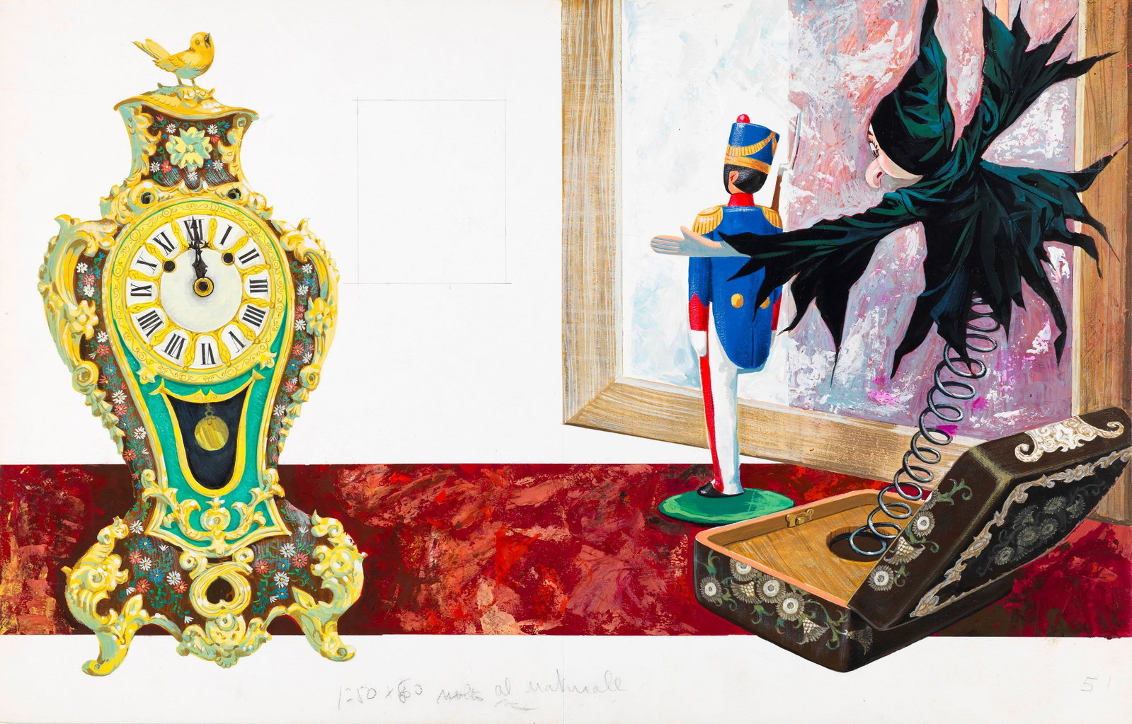 Libico Maraja - The Tin Soldier: tempera on cardboard 50 x 32 cm Original illustration made by Maraja for the fairy tale "The Tin Soldier" published in the 1960s.