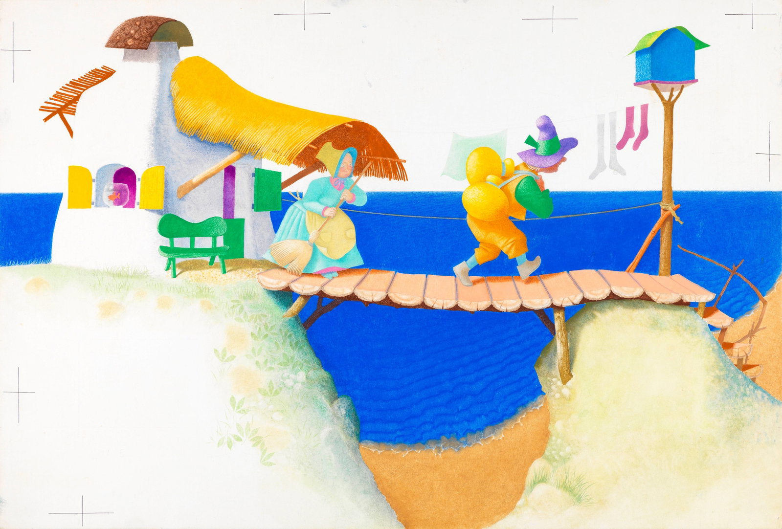 Ugo Fontana - The little goldfish, 1966: pastels, tempera and watercolor on cardboard 54 x 36,5 cm Original illustration made by Fontana for the fairy tale "The Little Golden Fish" published in 1966.