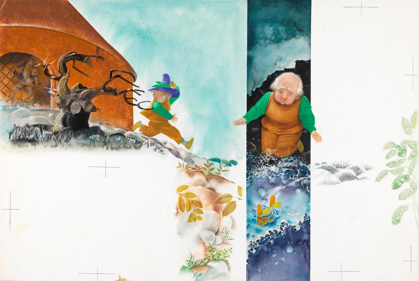 Ugo Fontana - The little goldfish, 1966: pastels, tempera and watercolor on cardboard 54 x 36,5 cm Original illustration made by Fontana for the fairy tale "The Golden Fish" published in 1966. Slight crease in the upper left corner.