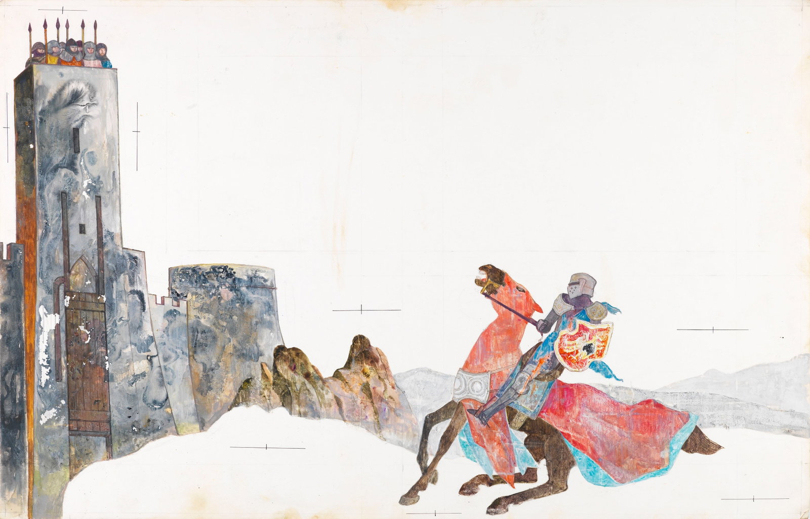 Gianni Benvenuti - King Arthur's Knights, 1965: tempera on cardboard 50 x 32 cm Original illustration made by Benvenuti for the classic "The Knights of King Arthur" published in 1965. Slight crease in the lower right corner.