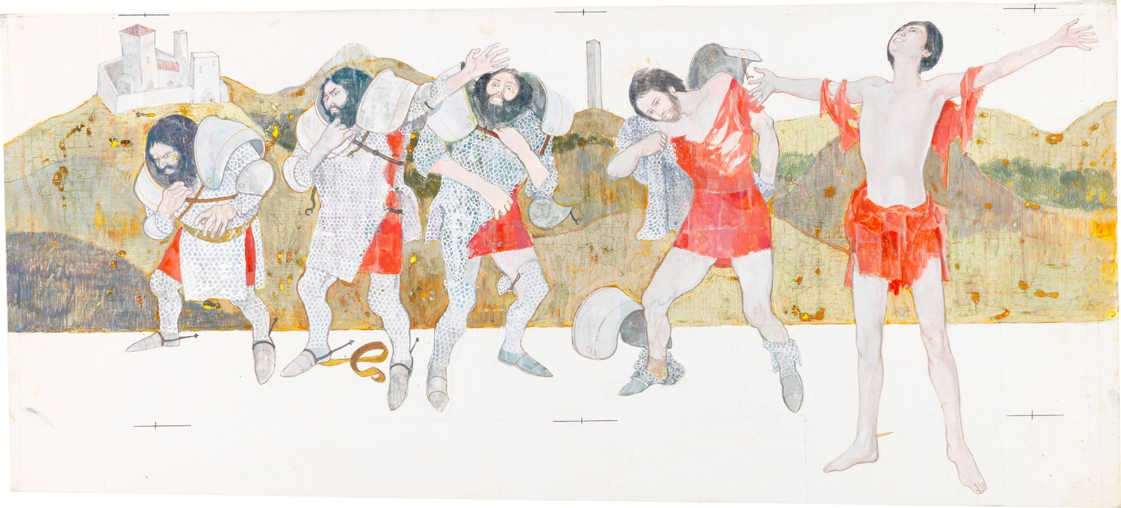 Gianni Benvenuti - King Arthur's Knights, 1965: tempera on cardboard 51 x 23 cm Original illustration made by Benvenuti for the classic "The Knights of King Arthur" published in 1965. Slight crease in the upper left corner.