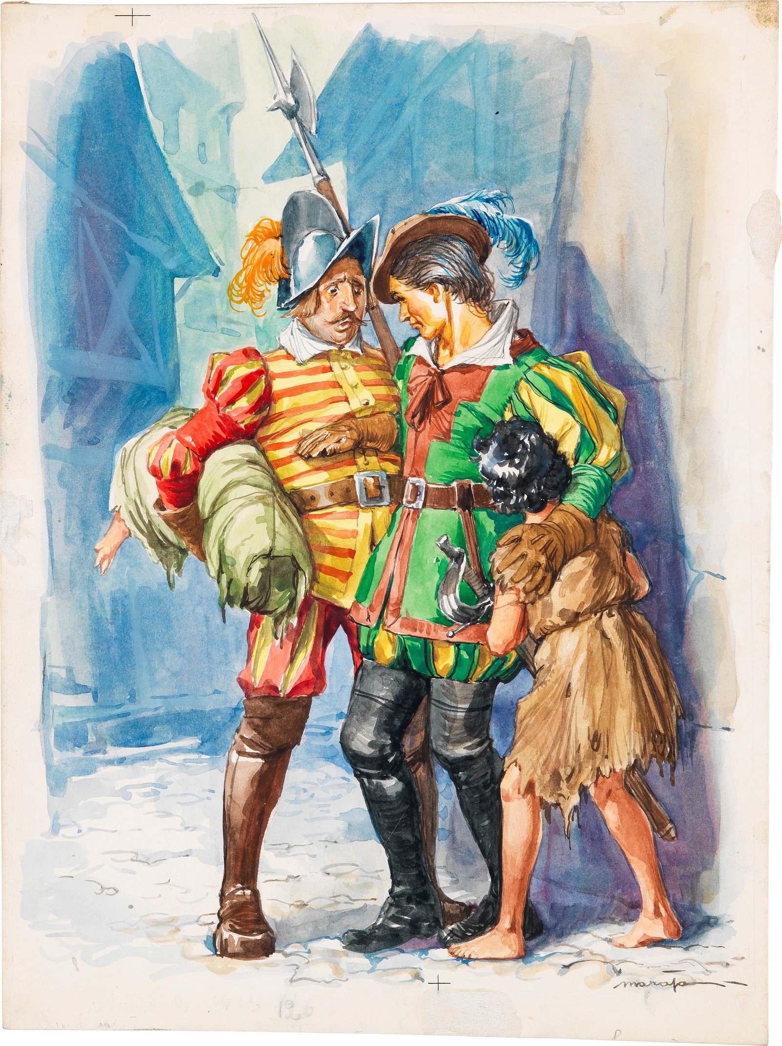 Libico Maraja - The Prince and the Pauper: tempera on cardboard 18,5 x 25 cm Original illustration made by Maraja for Mark Twain's novel "The Prince and the Pauper," published in the 1960s. Signed.