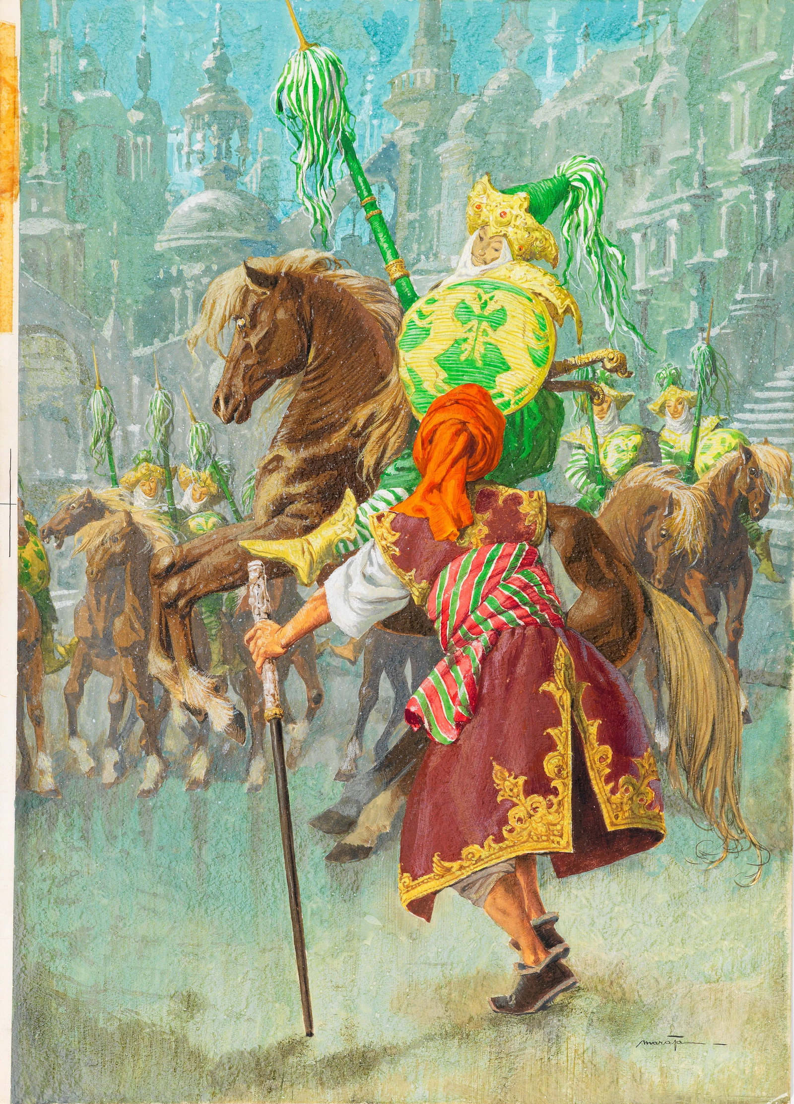 Libico Maraja - Sinbad the Sailor, 1964: tempera on cardboard 26 x 36,5 cm Original illustration made by Maraja for the fairy tale "Sinbad the Sailor," published in 1964. Slight crease in the lower right corner. Signed.