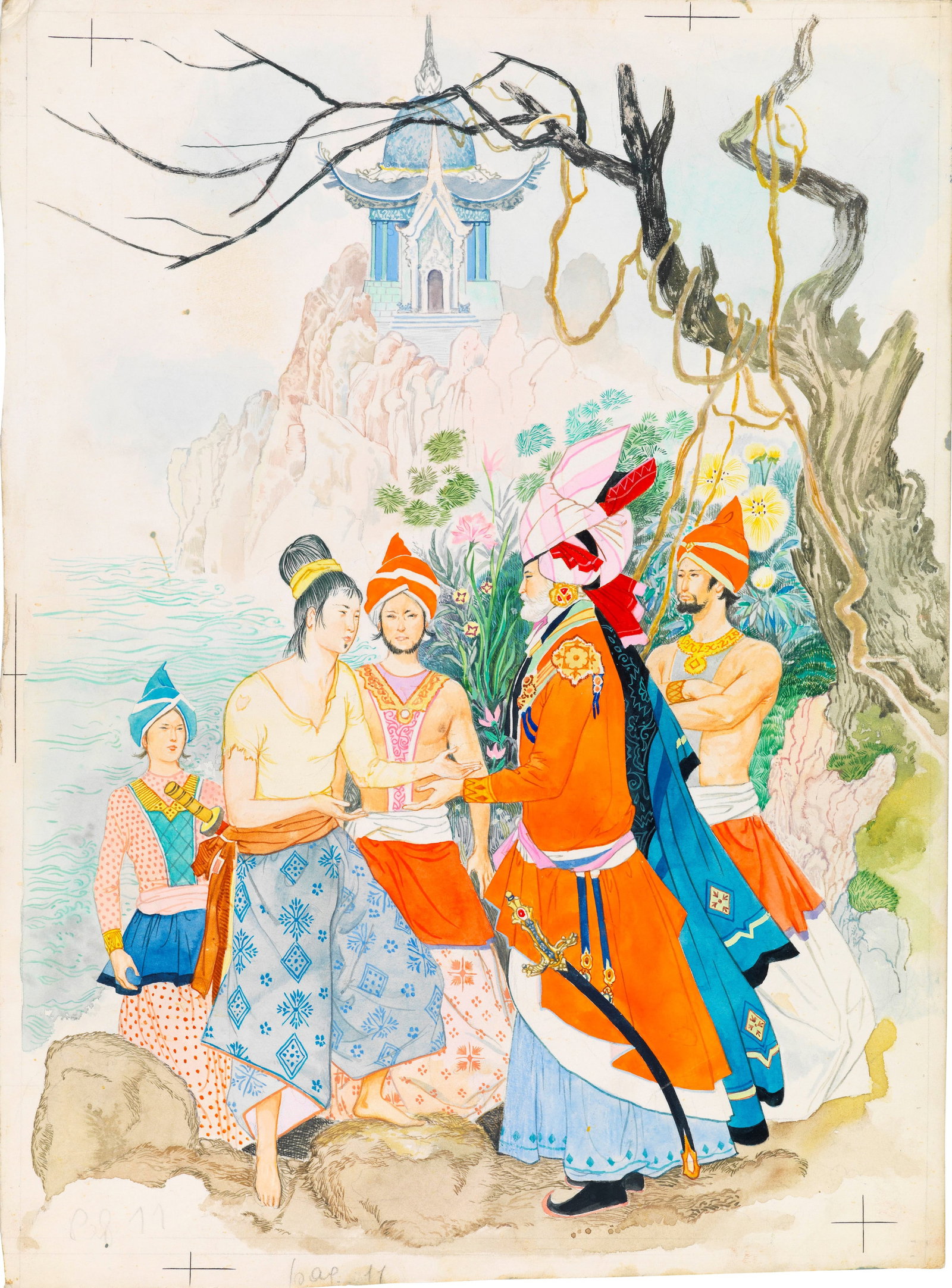 Gianni Benvenuti - One Thousand and One Nights, 1958: tempera and watercolor on shaped cardboard 26 x 35 cm Original illustration made by Benvenuti for the collection of fairy tales "One Thousand and One Nights" published in 1958. Fold at the upper left