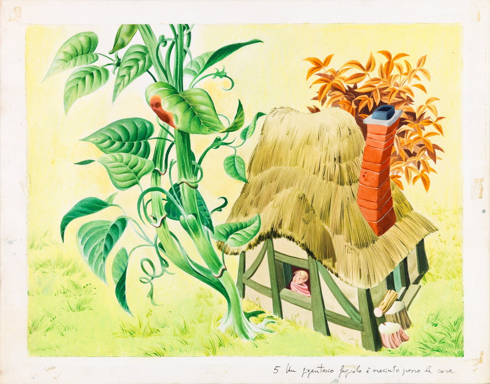 Tony Wolf (Antonio Lupatelli) - Jack and the Beanstalk, 1966: tempera on cardboard 32 x 25 cm Original illustration made by Lupatelli for the fairy tale "Giacomino and the Bean" published in 1966.