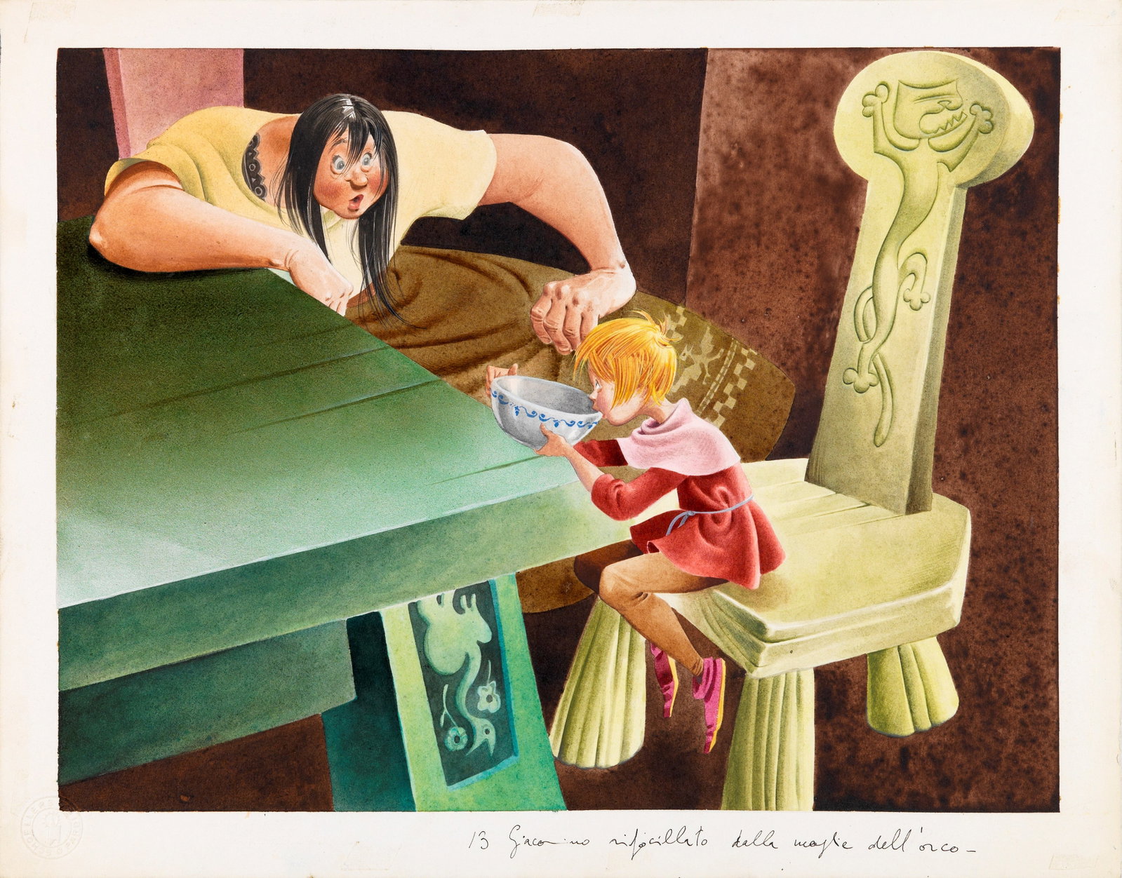 Tony Wolf (Antonio Lupatelli) - Jack and the Beanstalk, 1966: tempera on cardboard 32 x 25 cm Original illustration made by Lupatelli for the fairy tale "Giacomino and the Bean" published in 1966.