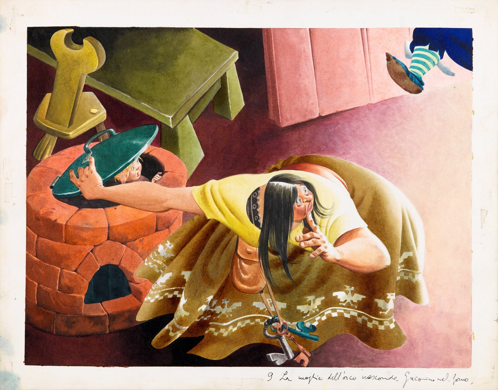 Tony Wolf (Antonio Lupatelli) - Jack and the Beanstalk, 1966: tempera on cardboard 32 x 25 cm Original illustration made by Lupatelli for the fairy tale "Giacomino and the Bean" published in 1966.