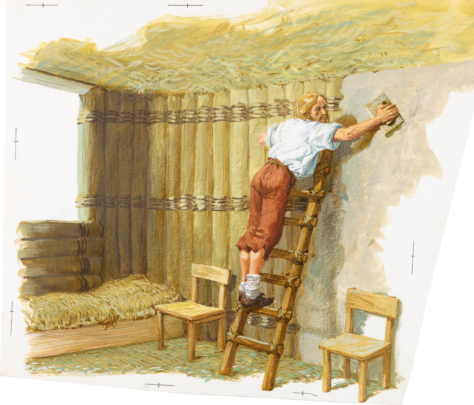 Libico Maraja - Gulliver's Travels, 1965: tempera on shaped cardboard 36 x 31 cm Original illustration made by Maraja for Jonathan Swift's novel "Gulliver's Travels" published in 1965.