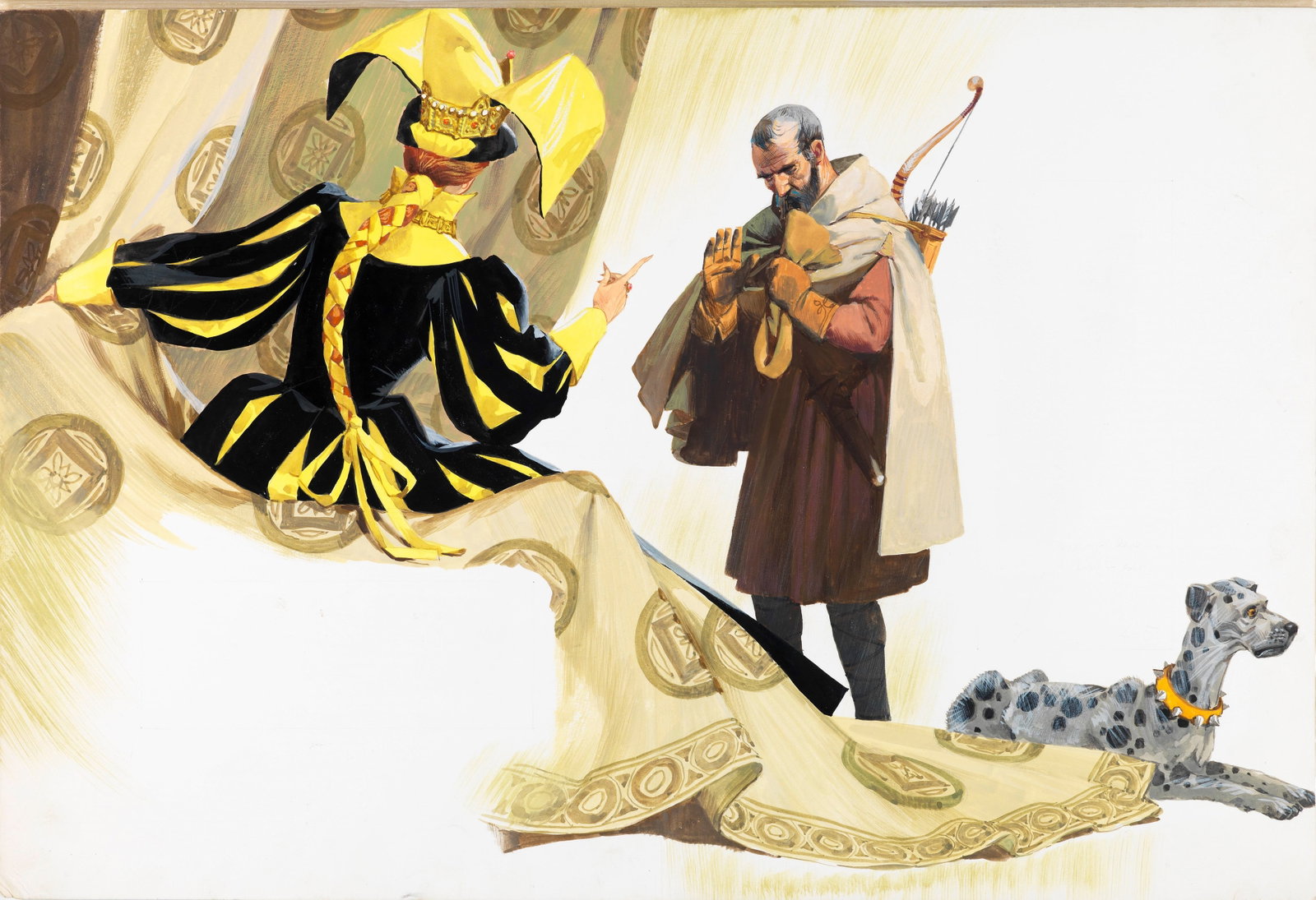Libico Maraja - Snow White and the Seven Dwarfs, 1977: tempera on cardboard 54 x 36,5 cm Original illustration made by Maraja for the fairy tale "Snow White and the Seven Dwarfs" published in 1977. Slight crease in the lower left corner.