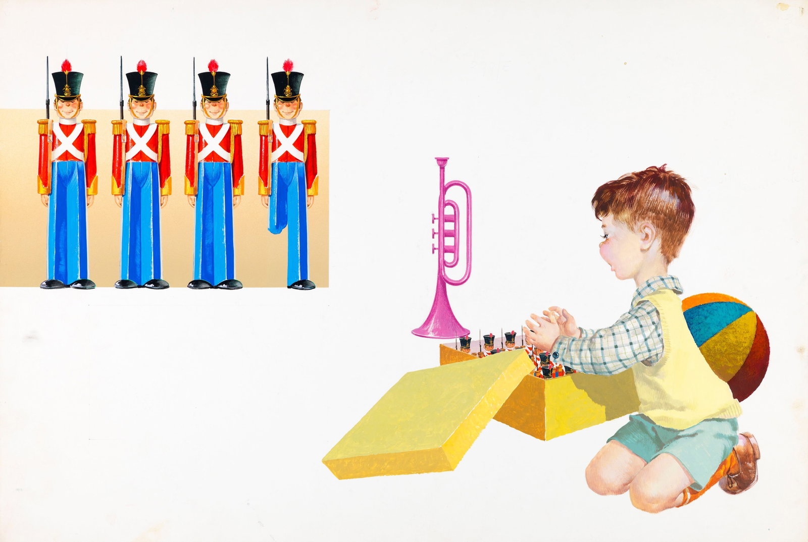Pikka (Piero Cattaneo) - The Tin Soldier, 1966: tempera on cardboard 54 x 36,5 cm Original illustration made by Pikka for the fairy tale "The Tin Soldier" published in 1966.