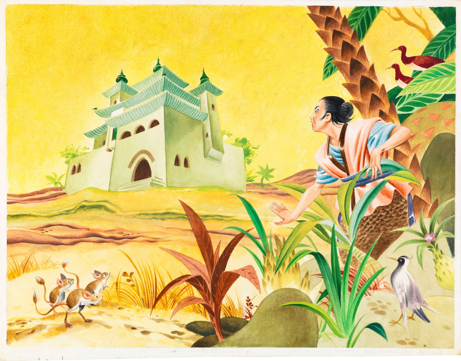 Tony Wolf (Antonio Lupatelli) - Aladdin's Lamp: tempera on cardboard 26 x 20 cm Original illustration made by Lupatelli in the 1960s for the fairy tale "Aladdin's Lamp".