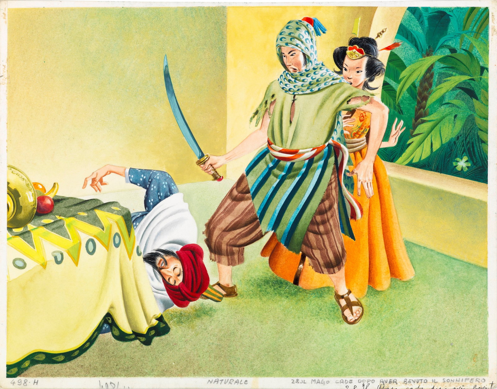 Tony Wolf (Antonio Lupatelli) - Aladdin's Lamp: tempera on cardboard 26 x 20 cm Original illustration made by Lupatelli in the 1960s for the fairy tale "Aladdin's Lamp".