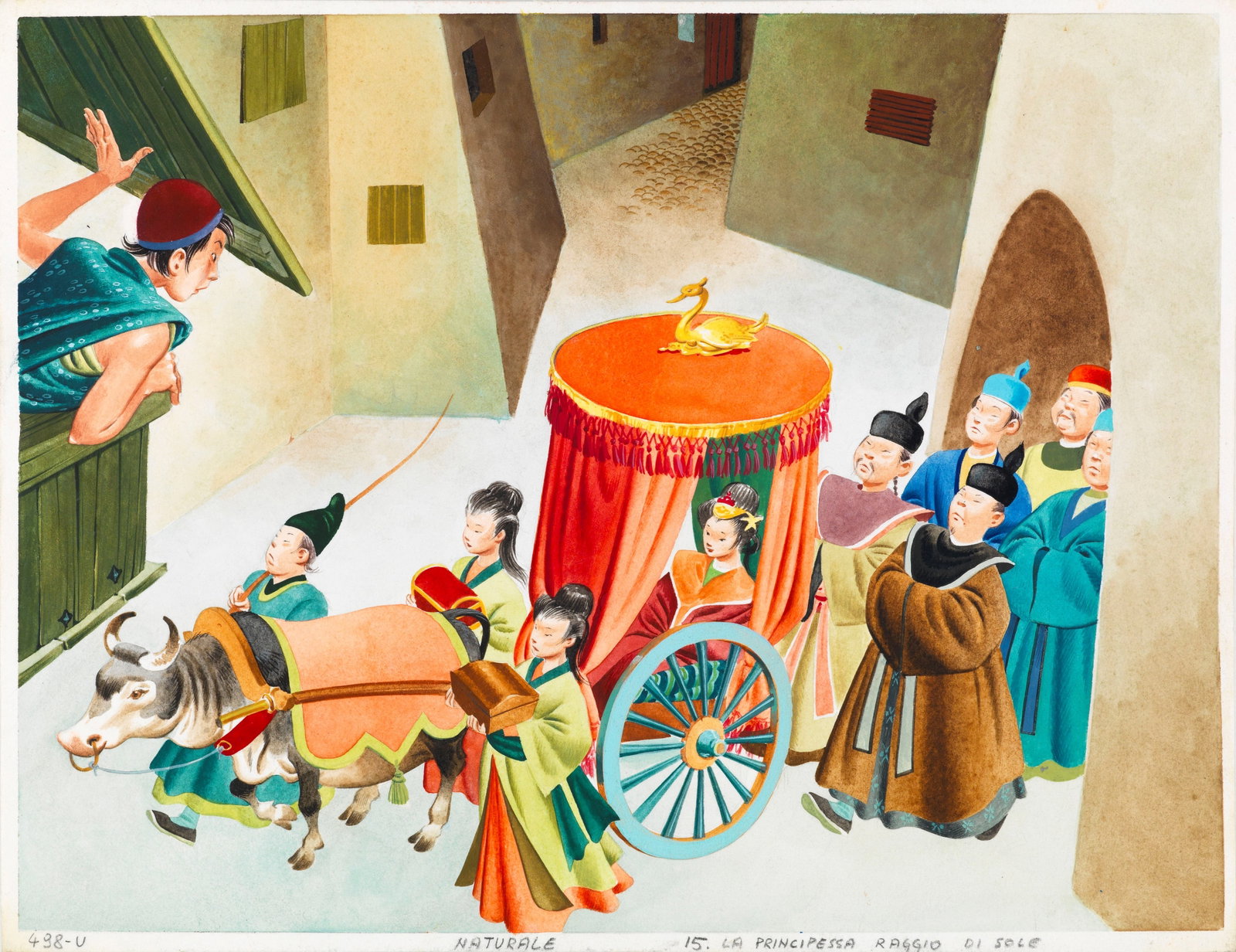 Tony Wolf (Antonio Lupatelli) - Aladdin's Lamp: tempera on cardboard 26 x 20 cm Original illustration made by Lupatelli in the 1960s for the fairy tale "Aladdin's Lamp".