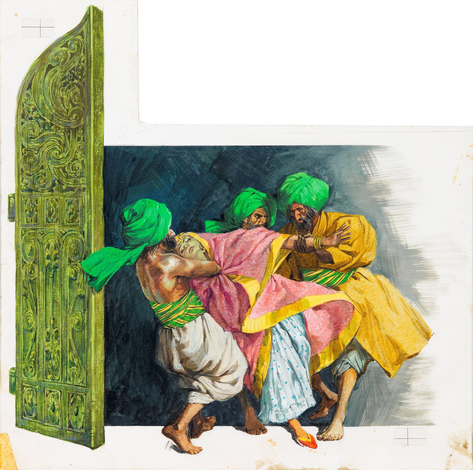 Libico Maraja - Around the World in 80 Days, 1961: tempera on shaped cardboard 30 x 30 cm Original illustration made by Maraja for the novel "Around the World in 80 Days" by Jules Verne, published in 1961.