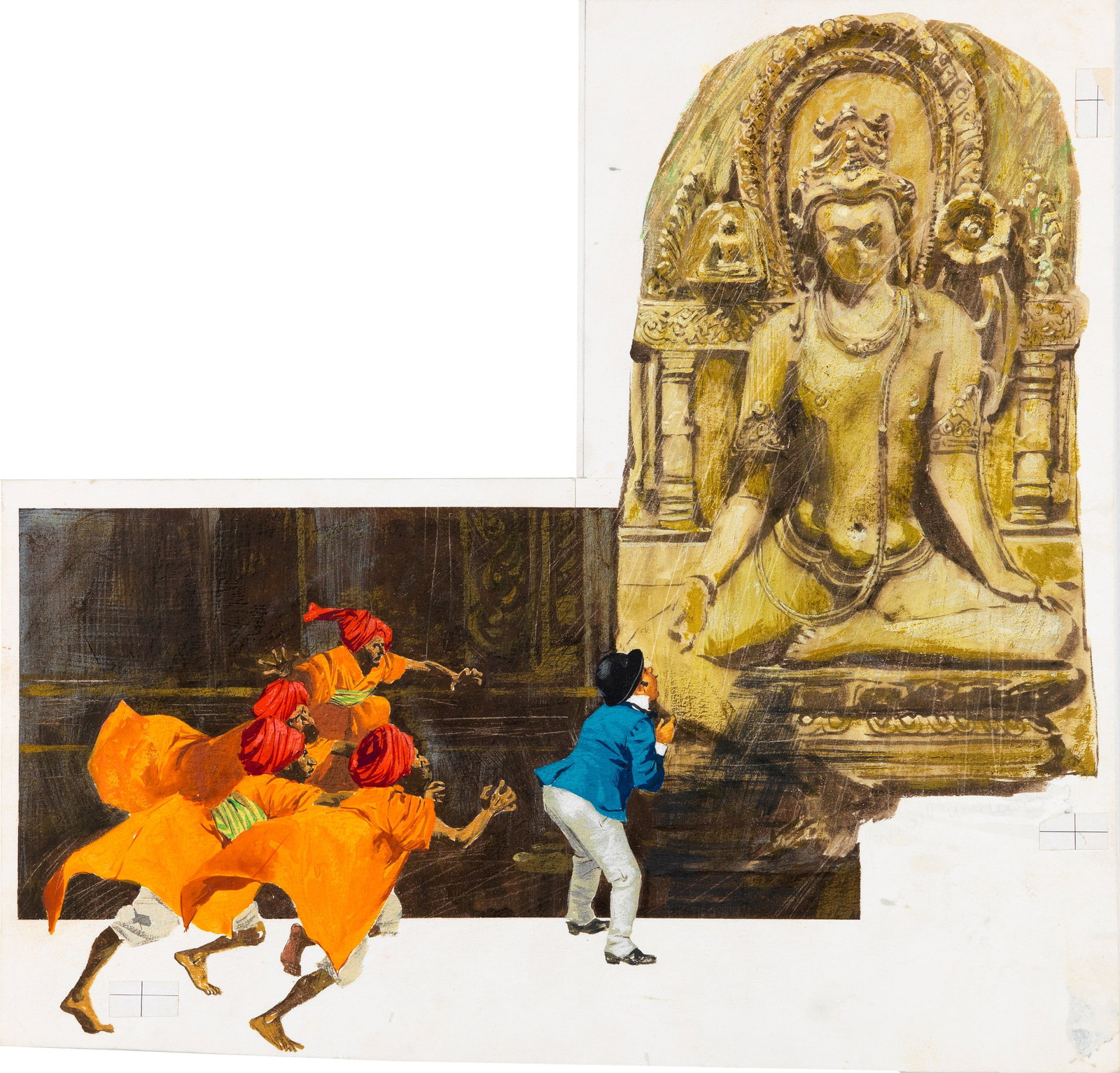 Libico Maraja - Around the World in 80 Days, 1961: tempera on shaped cardboard 30 x 28,5 cm Original illustration made by Maraja for the novel "Around the World in 80 Days" by Jules Verne, published in 1961.