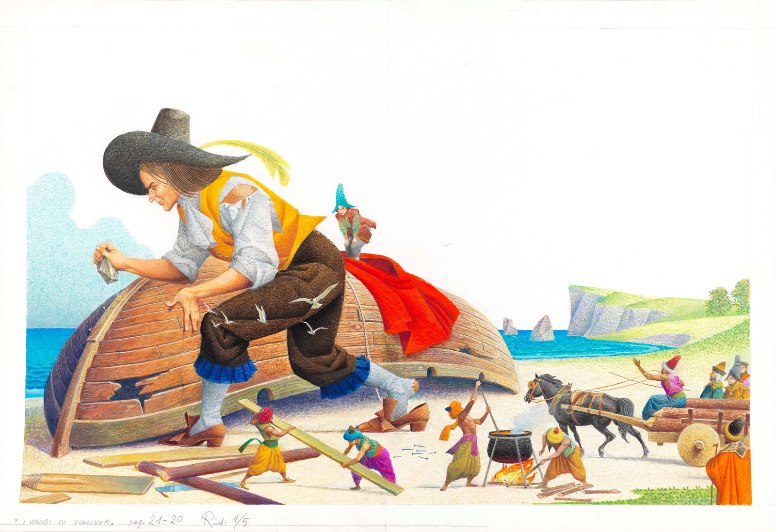 Severino Baraldi - Gulliver's Travels, 1982: pencil, pastels and tempera on cardboard 59 x 40 cm Original illustration made by Baraldi for Jonathan Swift's novel "Gulliver's Travels," published in 1982.