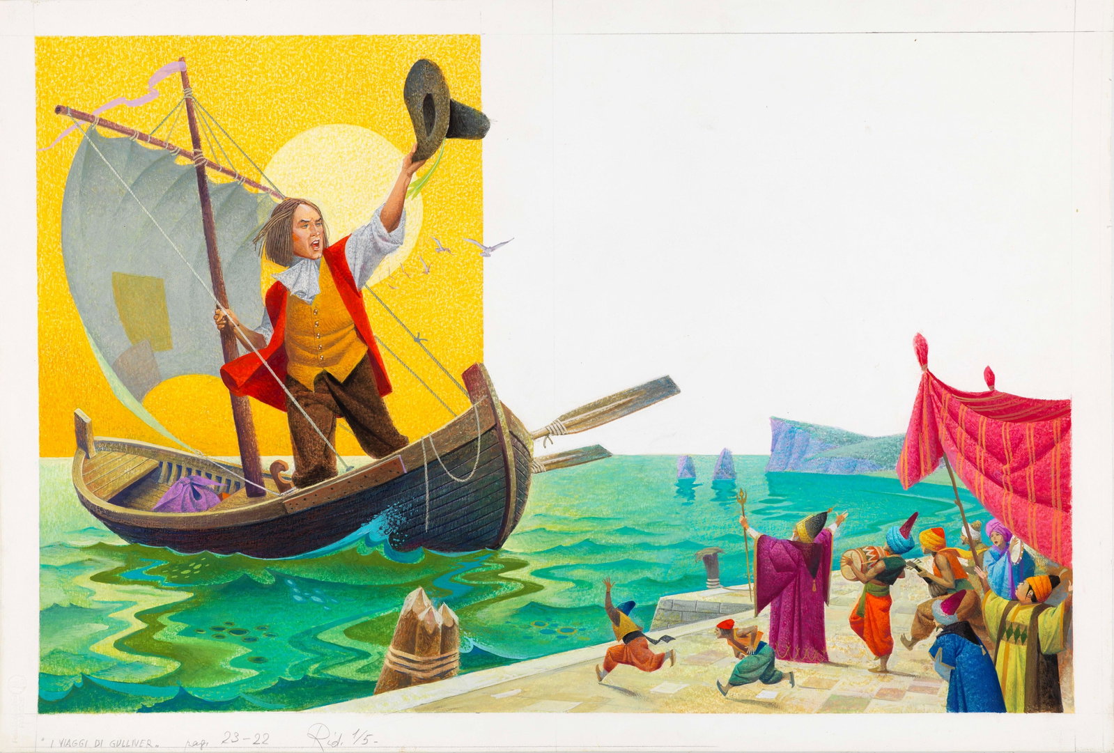 Severino Baraldi - Gulliver's Travels, 1982: pencil, pastels and tempera on cardboard 59 x 40 cm Original illustration made by Baraldi for Jonathan Swift's novel "Gulliver's Travels," published in 1982.