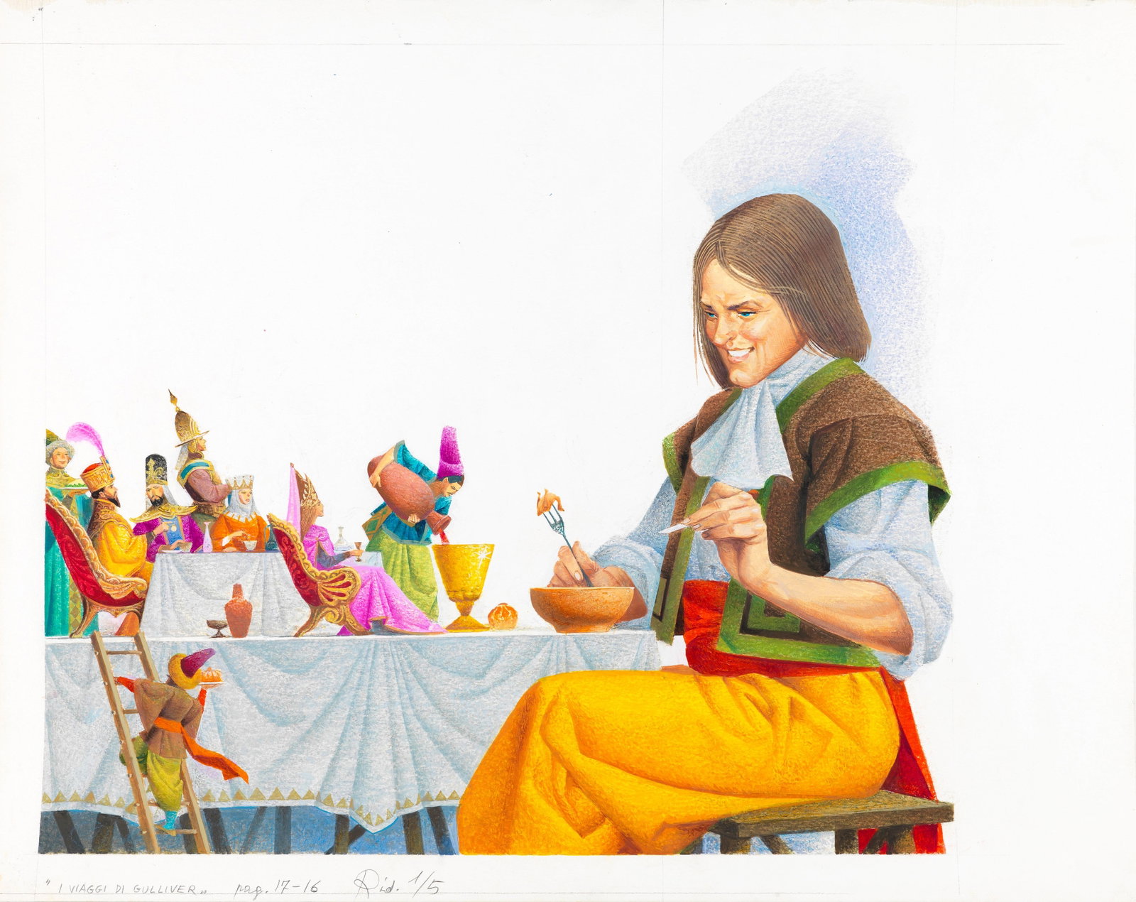 Severino Baraldi - Gulliver's Travels, 1982: pencil, pastels and tempera on cardboard 50,5 x 40 cm Original illustration made by Baraldi for Jonathan Swift's novel "Gulliver's Travels," published in 1982.
