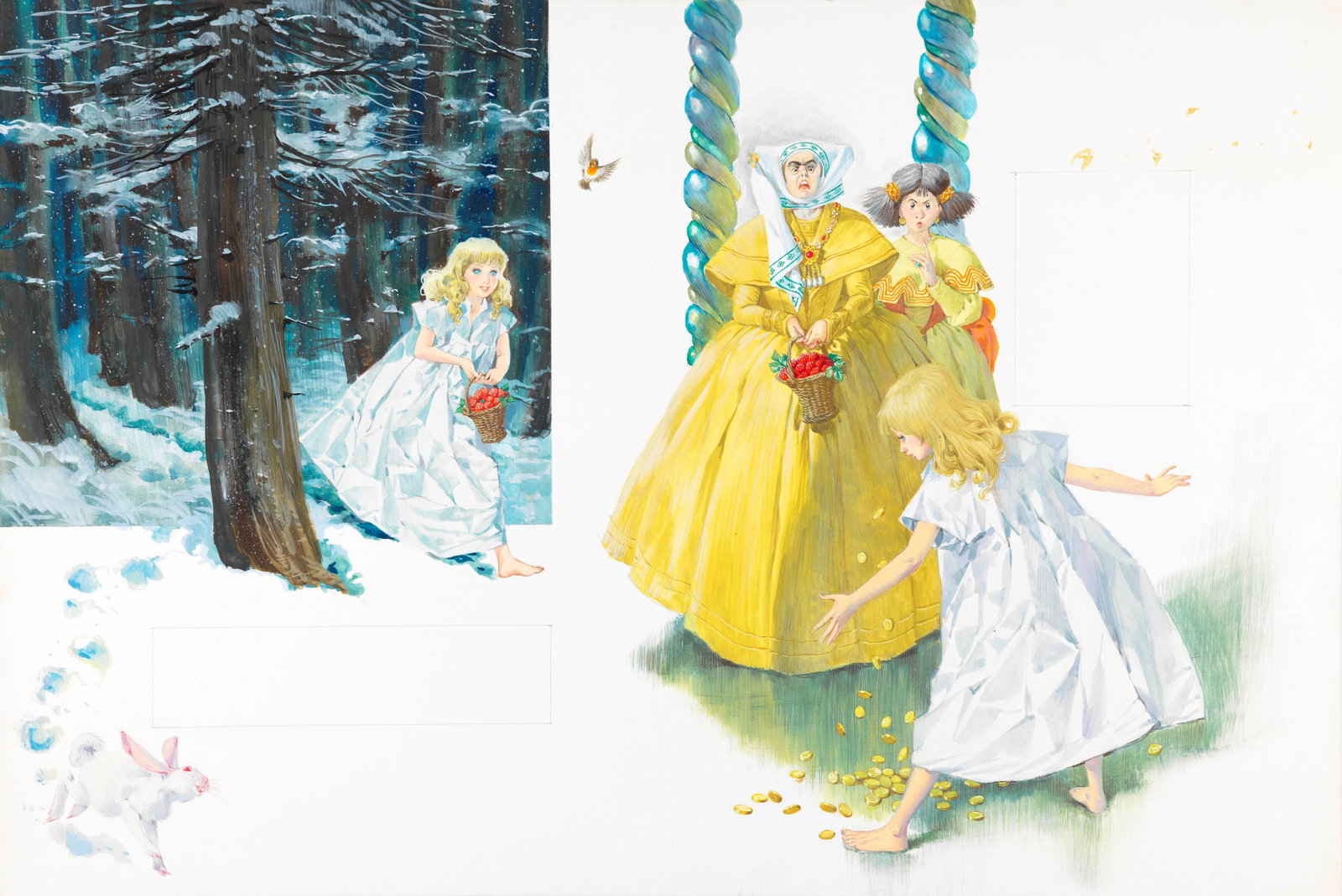 Libico Maraja - The three woodland gnomes, 1968: tempera on cardboard 51 x 33,5 cm Original illustration made by Maraja for the fairy tale "The Three Dwarves of the Woods" published in 1968.