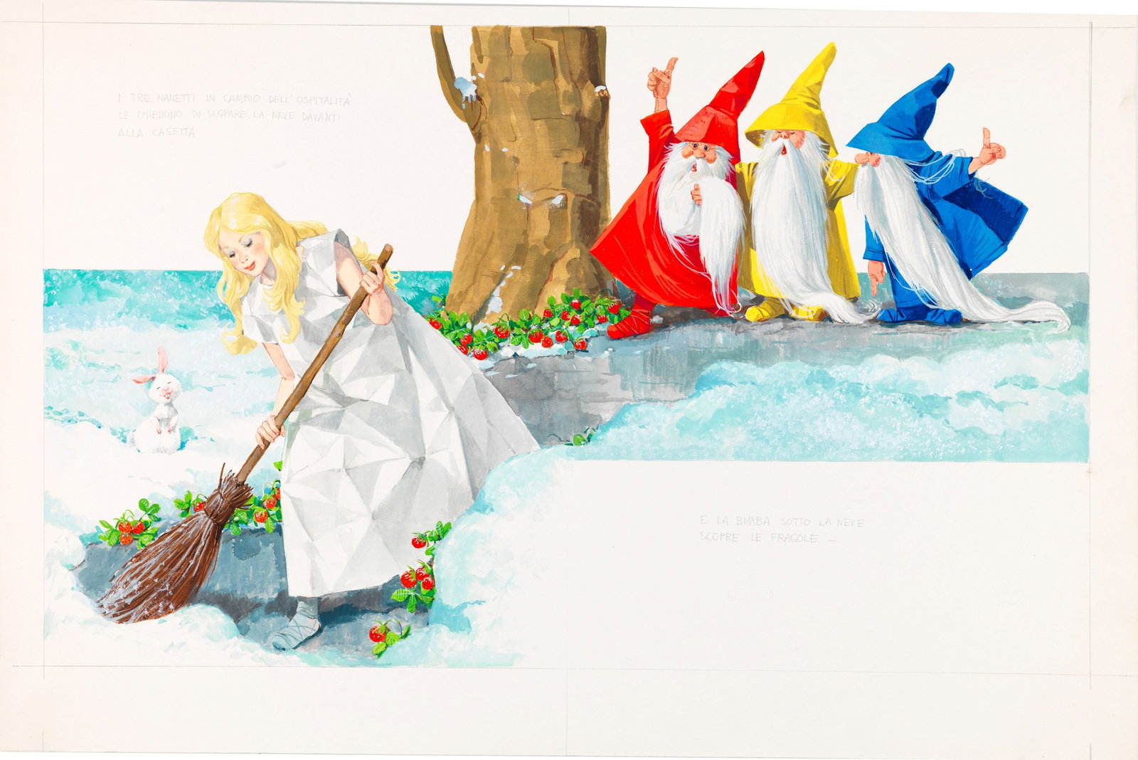Libico Maraja - The three woodland gnomes, 1968: tempera on cardboard 51 x 33,5 cm Original illustration made by Maraja for the fairy tale "The Three Dwarves of the Woods" published in 1968.